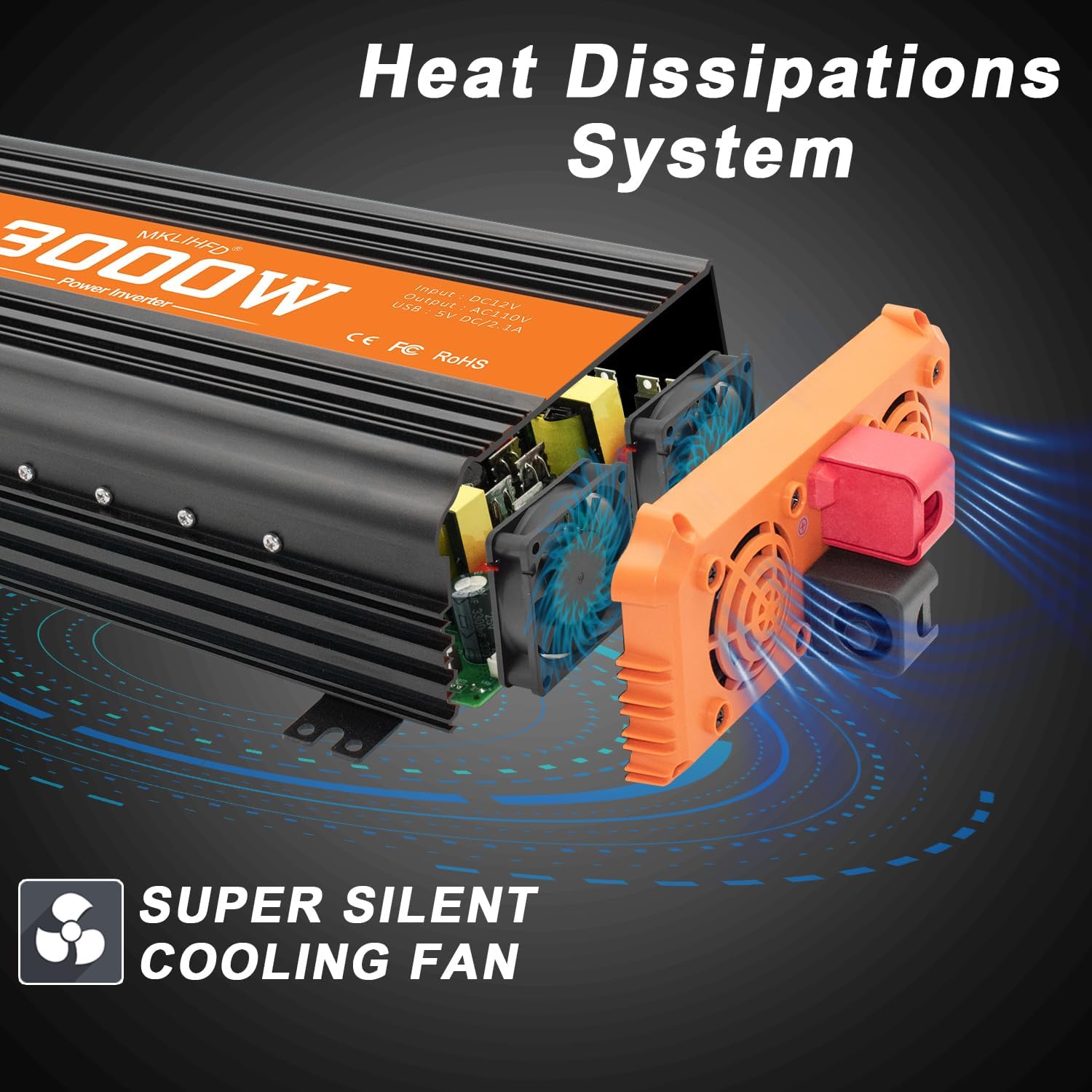 3000W Inverter 12V DC to 110V AC Converter for Home, RV, Truck, Off-Grid Solar Power Inverter with Built-in 5V/2.1A USB, AC Hardwire Port, Remote Controlle