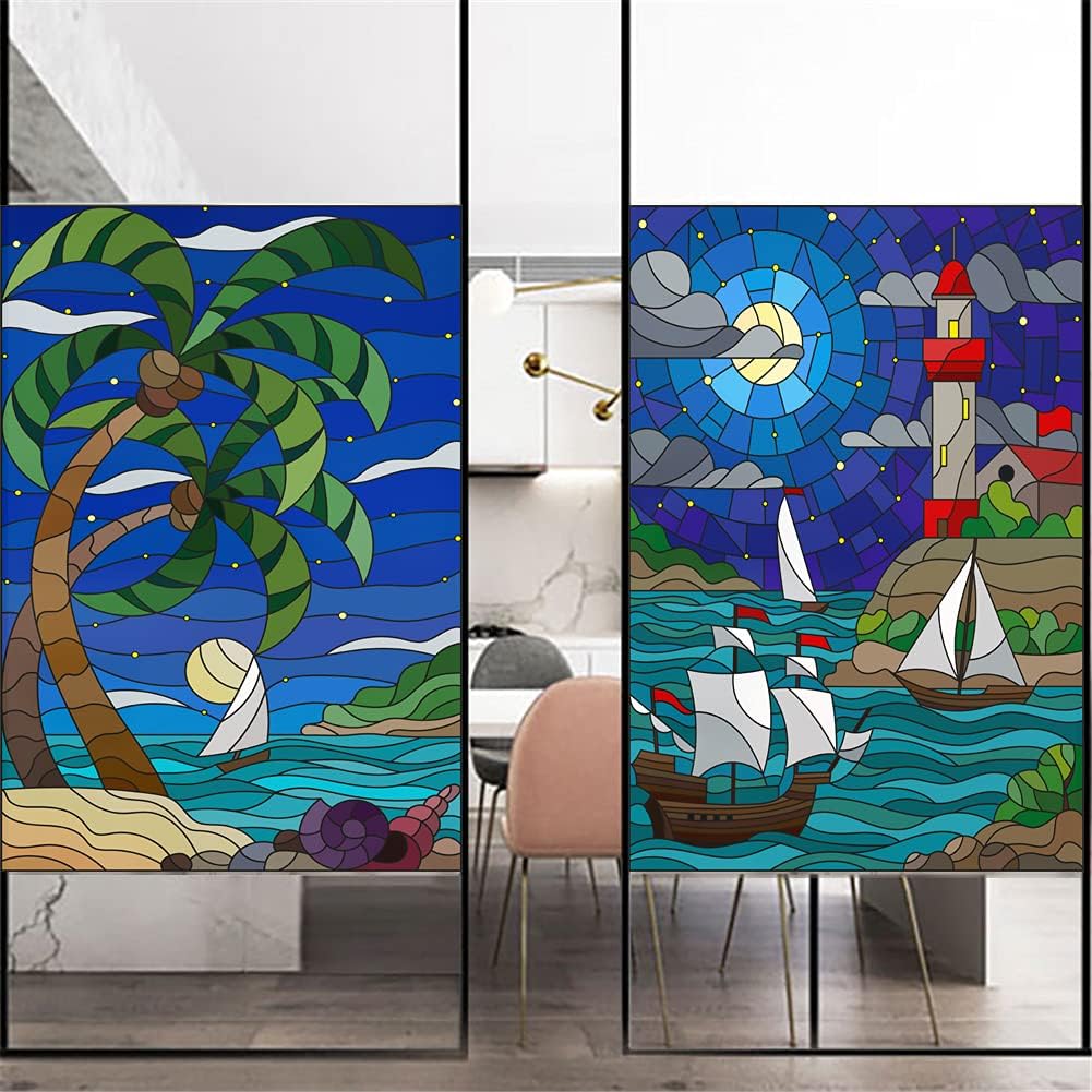 Window Film Privacy Non-Adhesive Frosted Static Cling Home Office Colored Painting 65 Decorative Stickers Glass Door Coverings 69x180cm(27"x70.9")