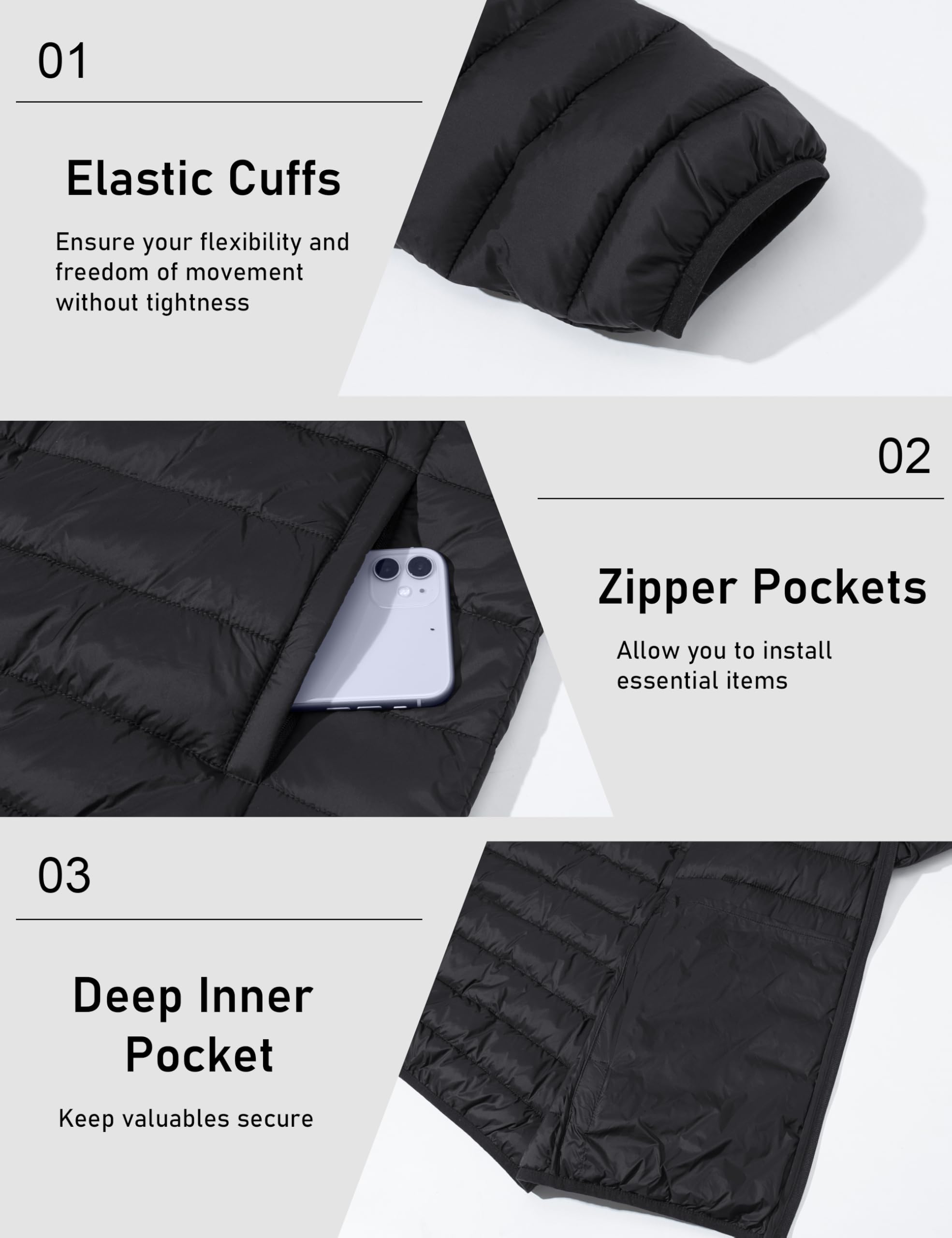 MAGCOMSEN Men's Lightweight Puffer Jacket Hooded Full Zip Water-Resistant Quilted Lined Winter Coats, Black, Large 4