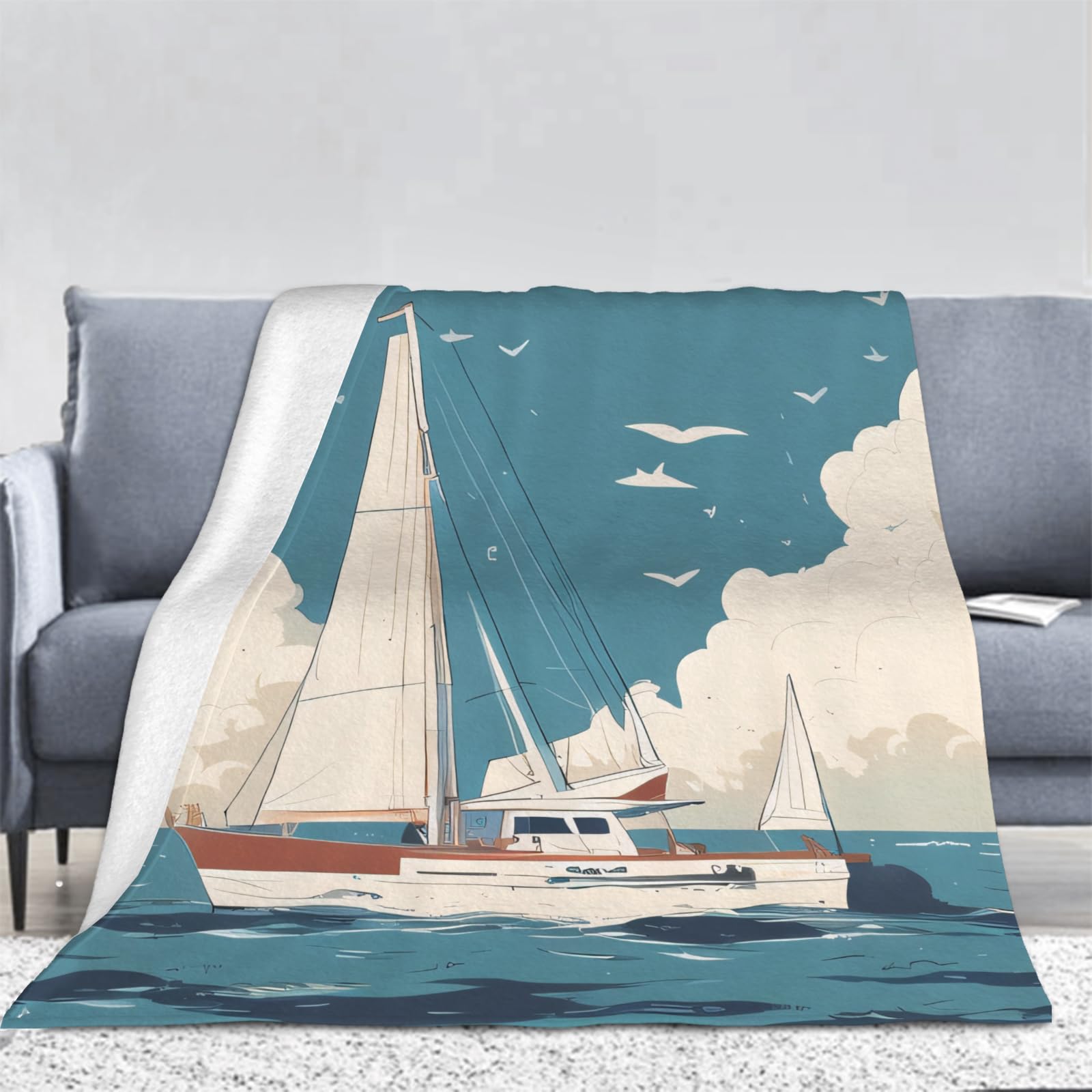 3D Sailboat Throw Blanket, Sea Voyage Soft Fleece Blanket Throws for Bed, Bedroom, Sofa, Couch, Yoga, Camping, Car and Outdoor Travel 150x200 cm