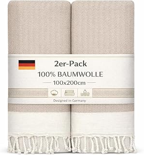NOUR Hamamtuch Strandtuch | 2er Pack | groß 100x200 cm | aus 100% Baumwolle | Picknickdecke | Saunatuch | Extra leicht | saugstark | schnelltrocknend | Sandfrei (Beige)