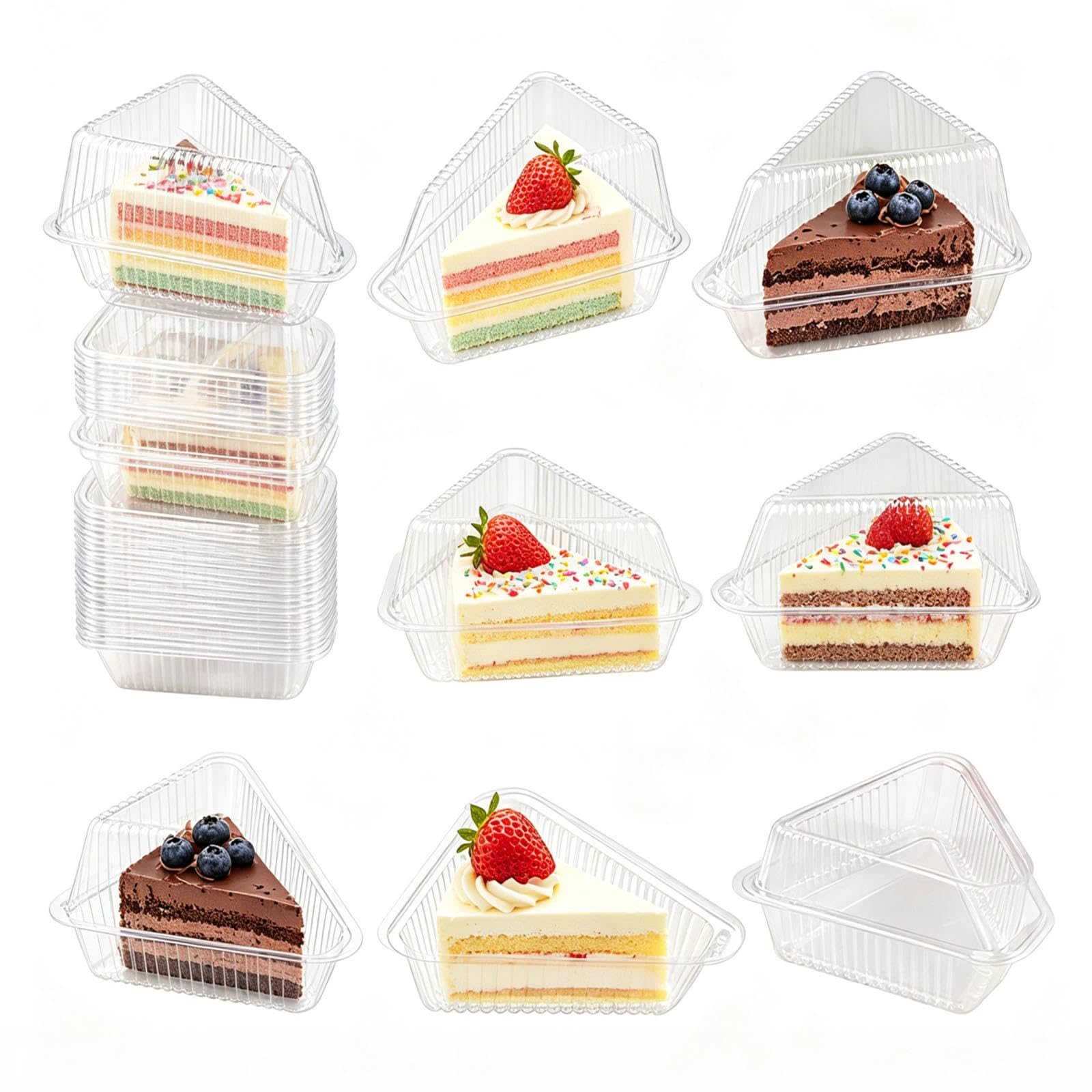 Chovize 100 Pcs Clear Triangle Cake Boxes with Lids, Plastic Triangular Containers for Individual Cake Slices, Reusable Transparent Bakery Packaging for Cheesecake, Sandwich, Cupcake