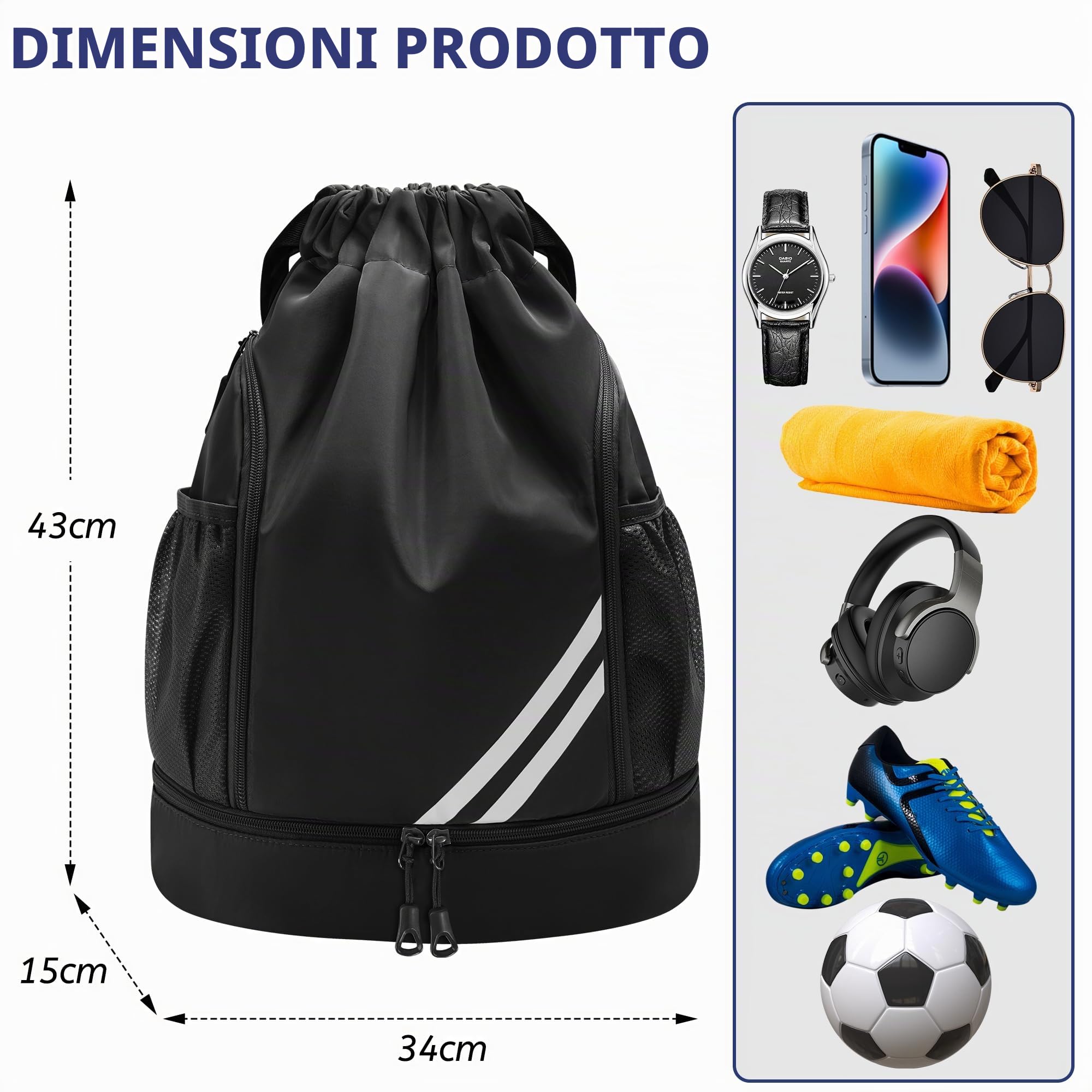 Sacca sportiva per uomini, donne e bambini, con compartimento scarpe separato, tasca principale e tasca interna, sacca palestra per basket, calcio, yoga e nuoto, zainetto sportivo