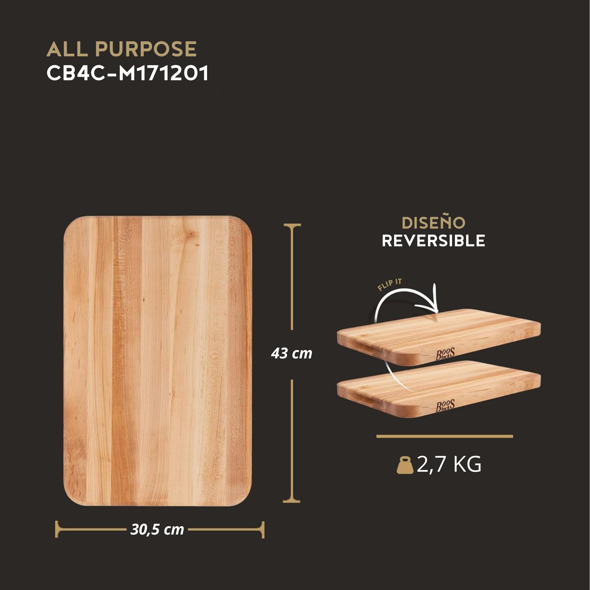 Boos Block Chop-N-Serve - Tabla de Servir - Tabla Cortar Cocina - Madera dura de arce duro de América del Norte - Reversible - 43 x 30,5 x 2,5