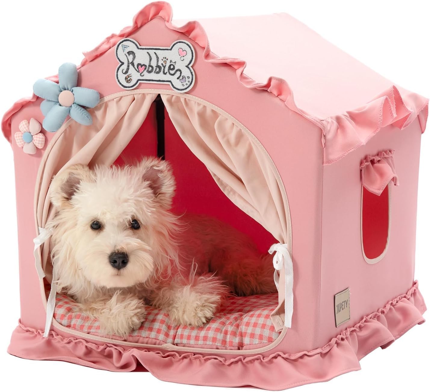 Jiupety Indoor Dog House with Frame,Cute Dog Tent Bed with Cover Cave,Pink