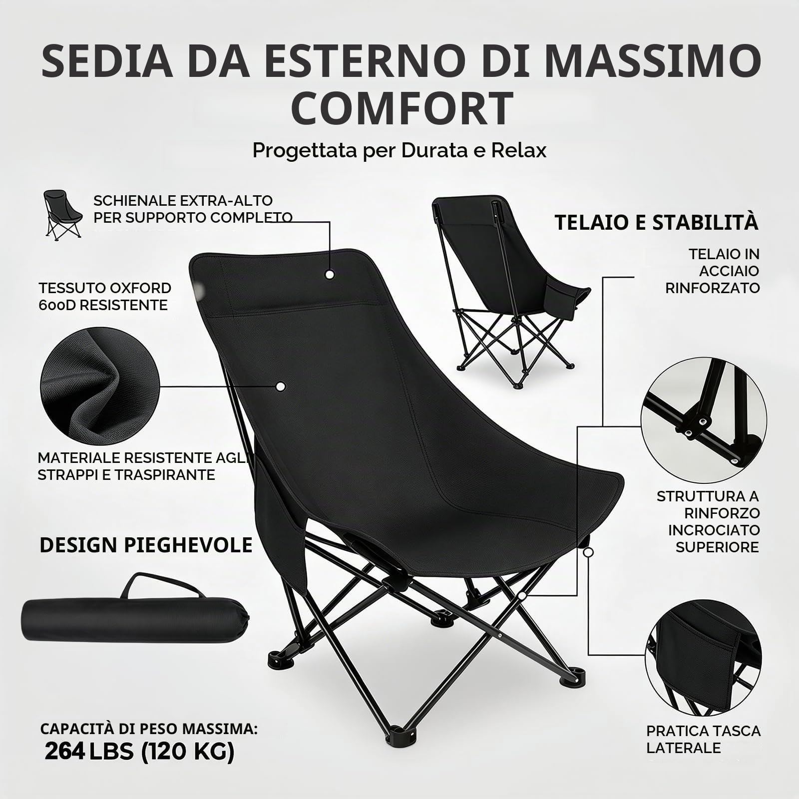 DASIAUTOEM Sedia regolabile in quattro posizioni, sedia da campeggio leggera tripla, sedia da pesca pieghevole, adatta per picnic all'aperto ed escursioni. (nero)