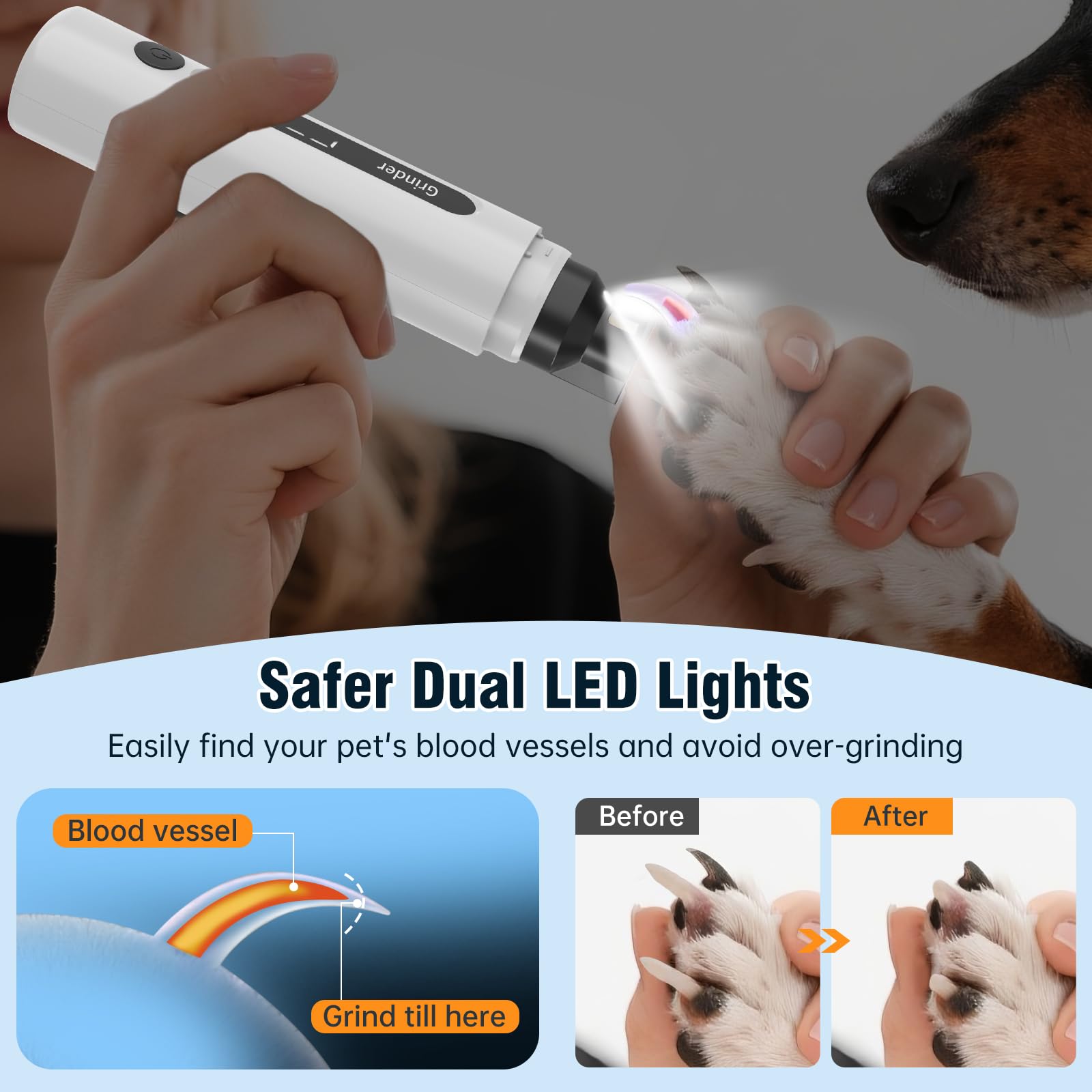 Molinillo de uñas para perros, cortador de uñas eléctrico silencioso de 7 velocidades con esponja absorbente de polvo y lima para perros y gatos pequeños, medianos y grandes, incluye bolsa de