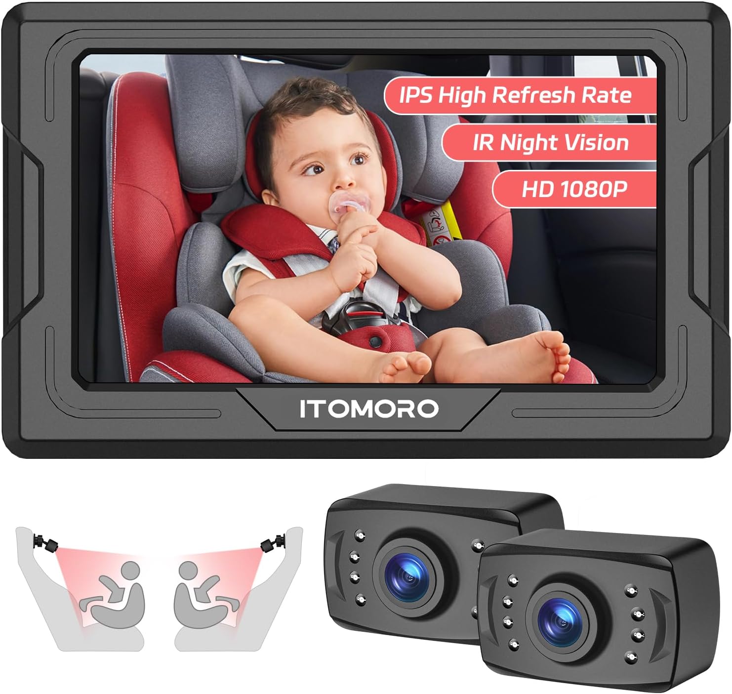 Itomoro Baby Car Camera HD 1080P Dual-Channel Display Baby Car Monitor with 2 IR Night Vision Camera, Easily Install 4.3'' Car Camera for Baby with Crystal Clear Wide View for Rear Facing Seat
