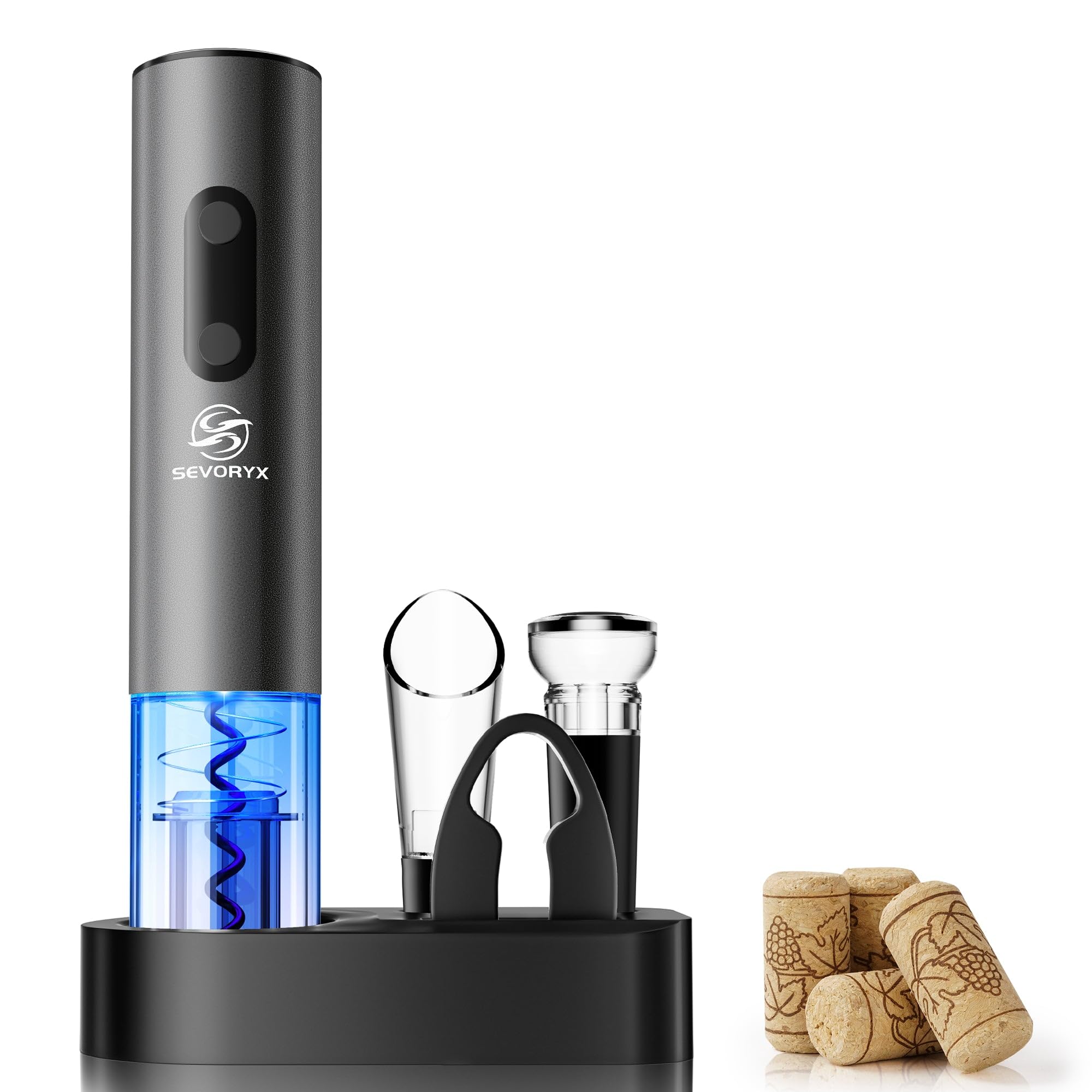 Sevoryx Electric Wine Opener Set, 5-in-1 Battery Operated Electric Bottle Opener With Foil Cutter, Wine Pourer, Vacuum Stopper and Storage Case. Ideal Gift for Wine Lovers, Free E-book included.