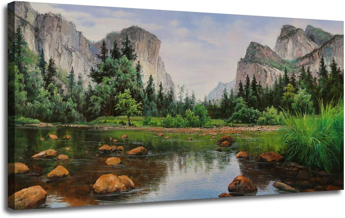 Ardemy Canvas Wall Art Prints Mountain Lake Picture Yosemite National Park Painting，Landscape Natural Artwork Framed Panoramic Extra Large Mural for Home Bedroom Living Room Office Decor, 48"x24"