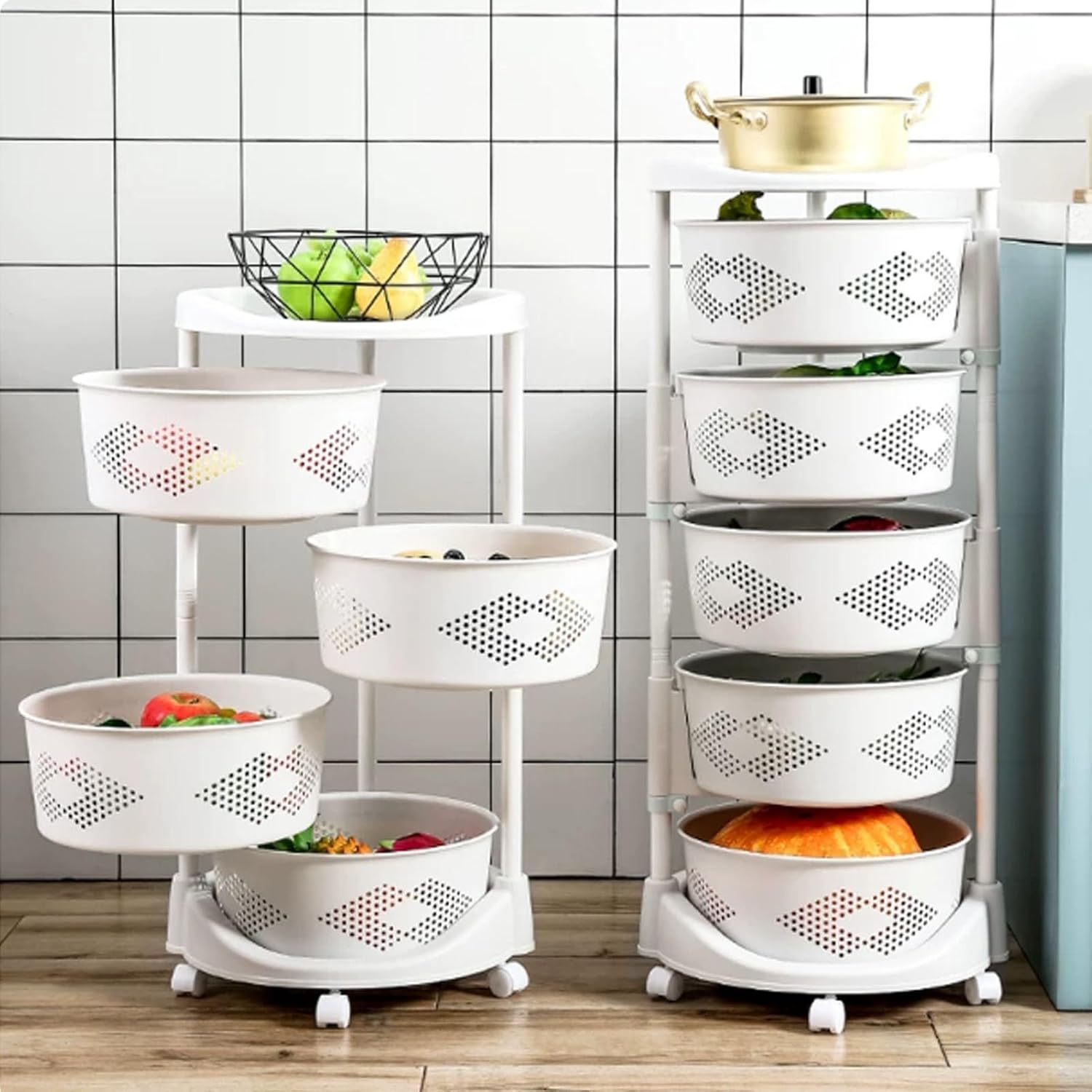 Rotating Fruit and Vegetable Shelf,Multi-Layer Storage Rotating Basket,Bathroom Shelf with Wheels,Height Adjustable,Space-Saving(5 Tiers)