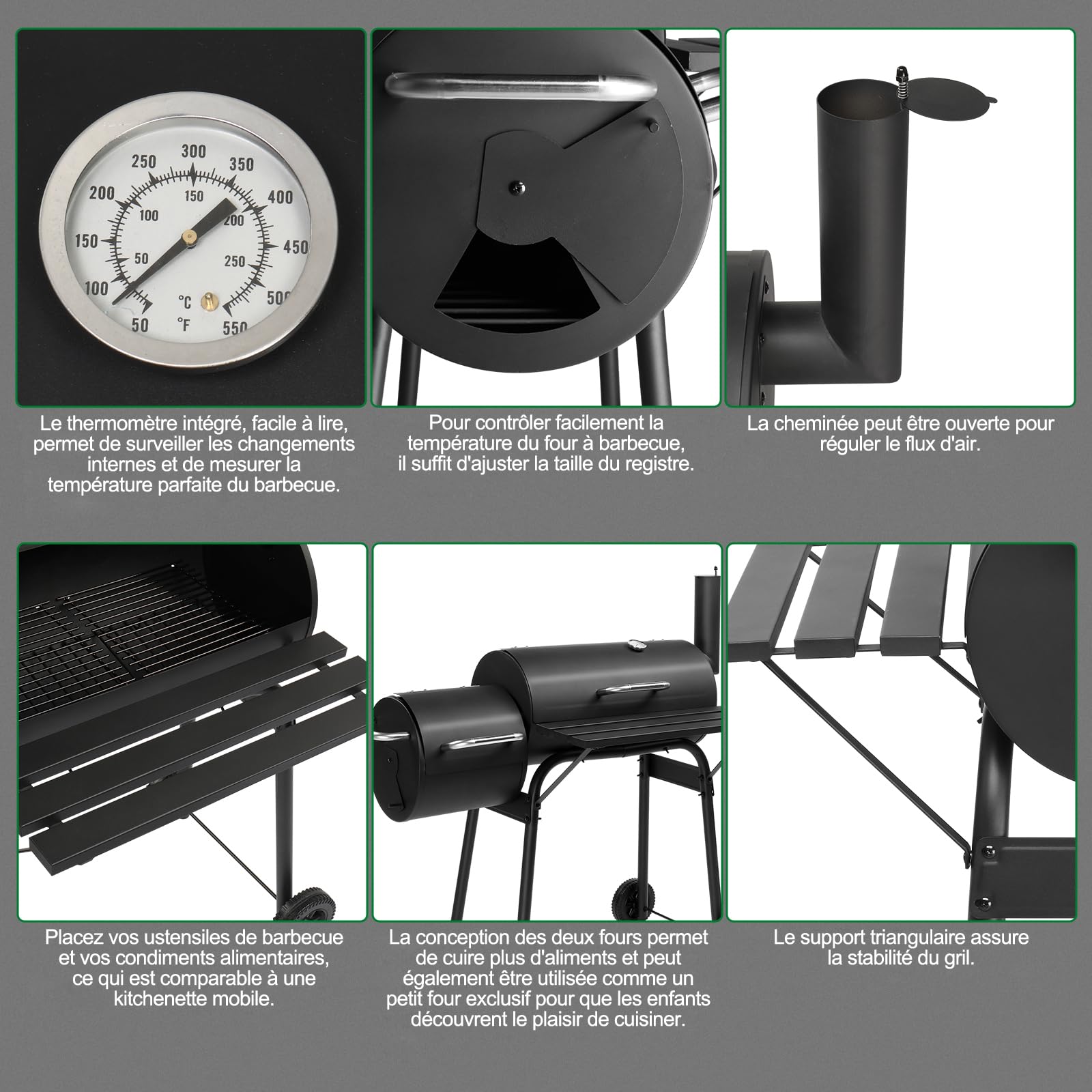 LEADZM Barbecue Charbon de Bois avec grande grille de cuisson–Double foyer，Chariot de barbecue mobile haut de gamme - Fumoir en métal pour jardin et terrasse, 111x54x93 cm