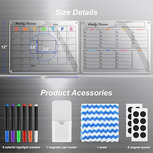 Miniatura 6 de Calendario acrílico para nevera, 2 unidades, calendario magnético transparente para refrigerador, calendario mensual y semanal de borrado en seco