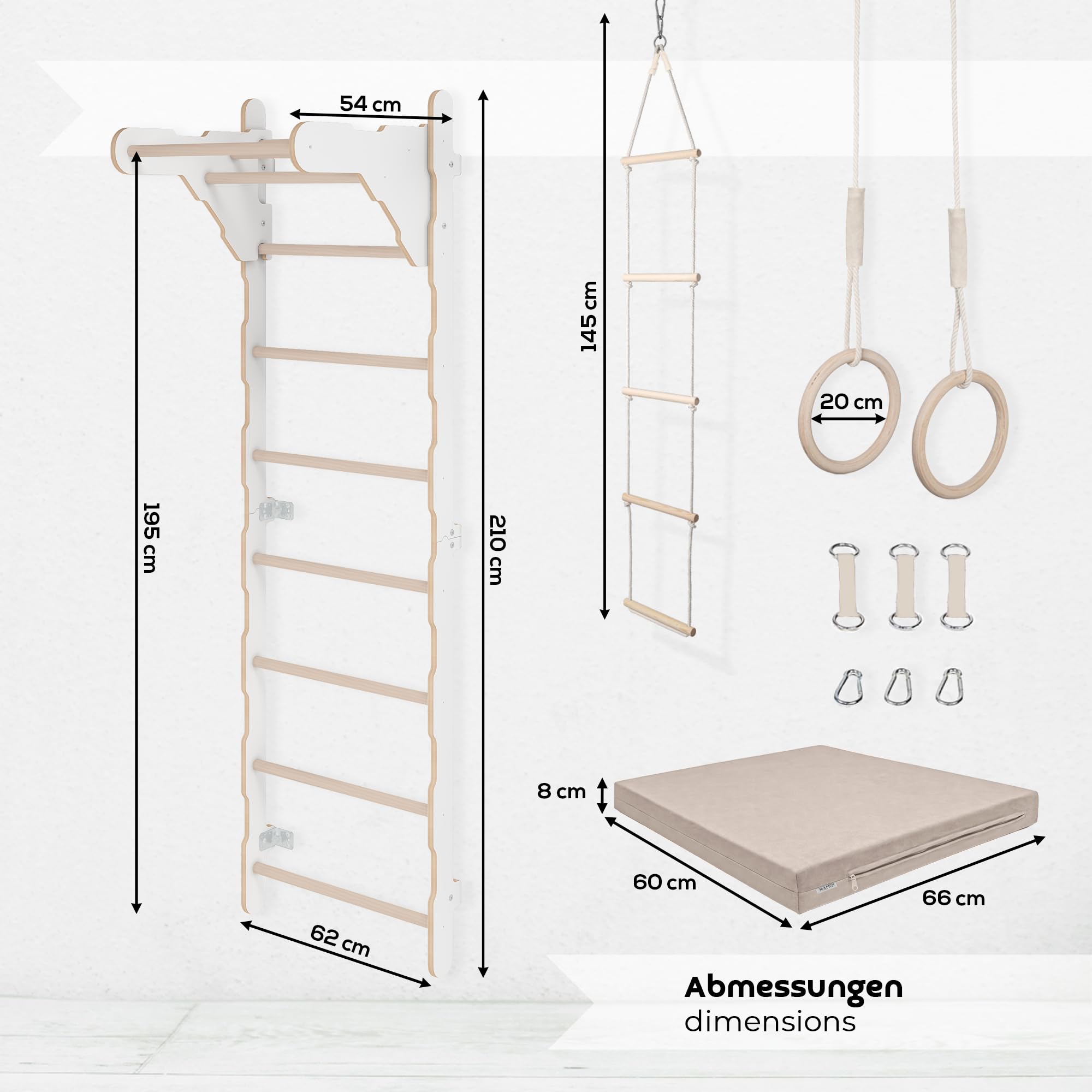 MAMOI Gymnastik-Sprossenwand für Kinder (210 cm) | Wandmontierte Trainingsleiter | Strickleiter für Kinder |Holz-Spielplatz für Zuhause | Turnringe | 100% Öko | Hergestellt in der EU