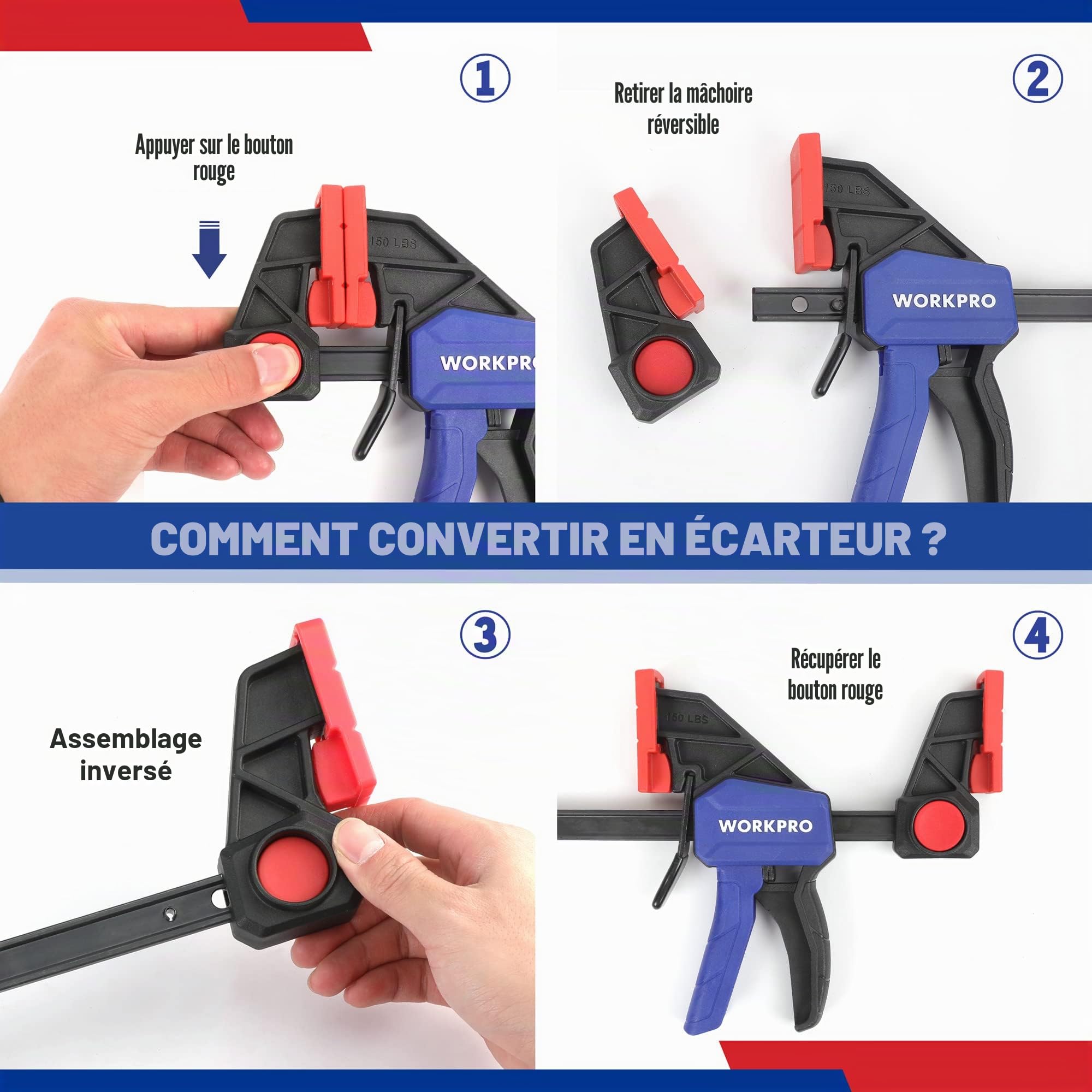 WORKPRO Jeu de Serre-joints Rapide 2 Pièces en Acier et Nylon Renforcé pour une Fixation Précise, Largeur de Serrage 152 mm, Force de Serrage Maximale 136 kg,Plage d'Etirement 175-335 mm