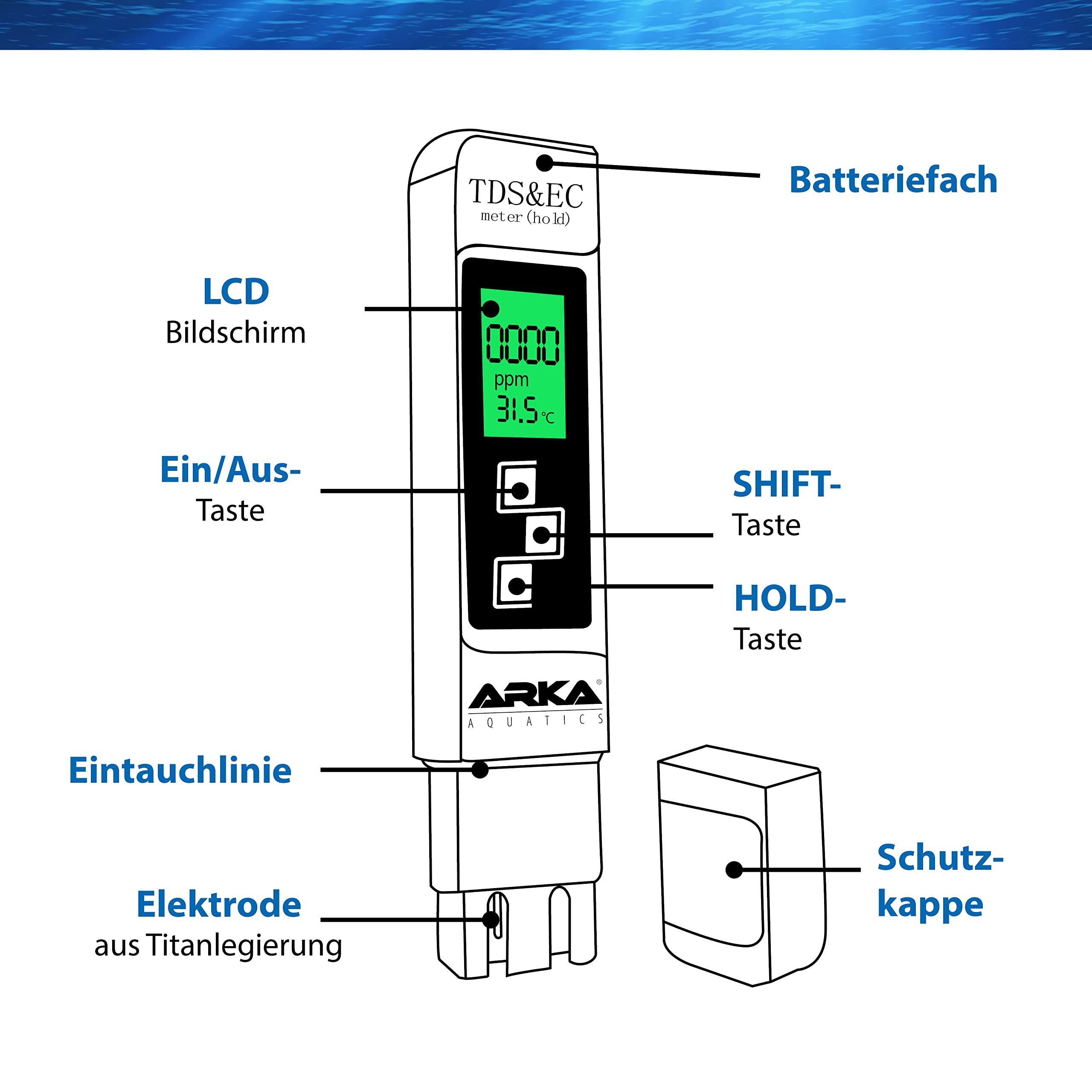 ARKA myAQUA TDS/EC Meter 3in1 - Mesure de manière fiable Les TDS, l'EC et la température. Solution d'étalonnage Incluse pour des mesures précises dans différents Types d'eau.
