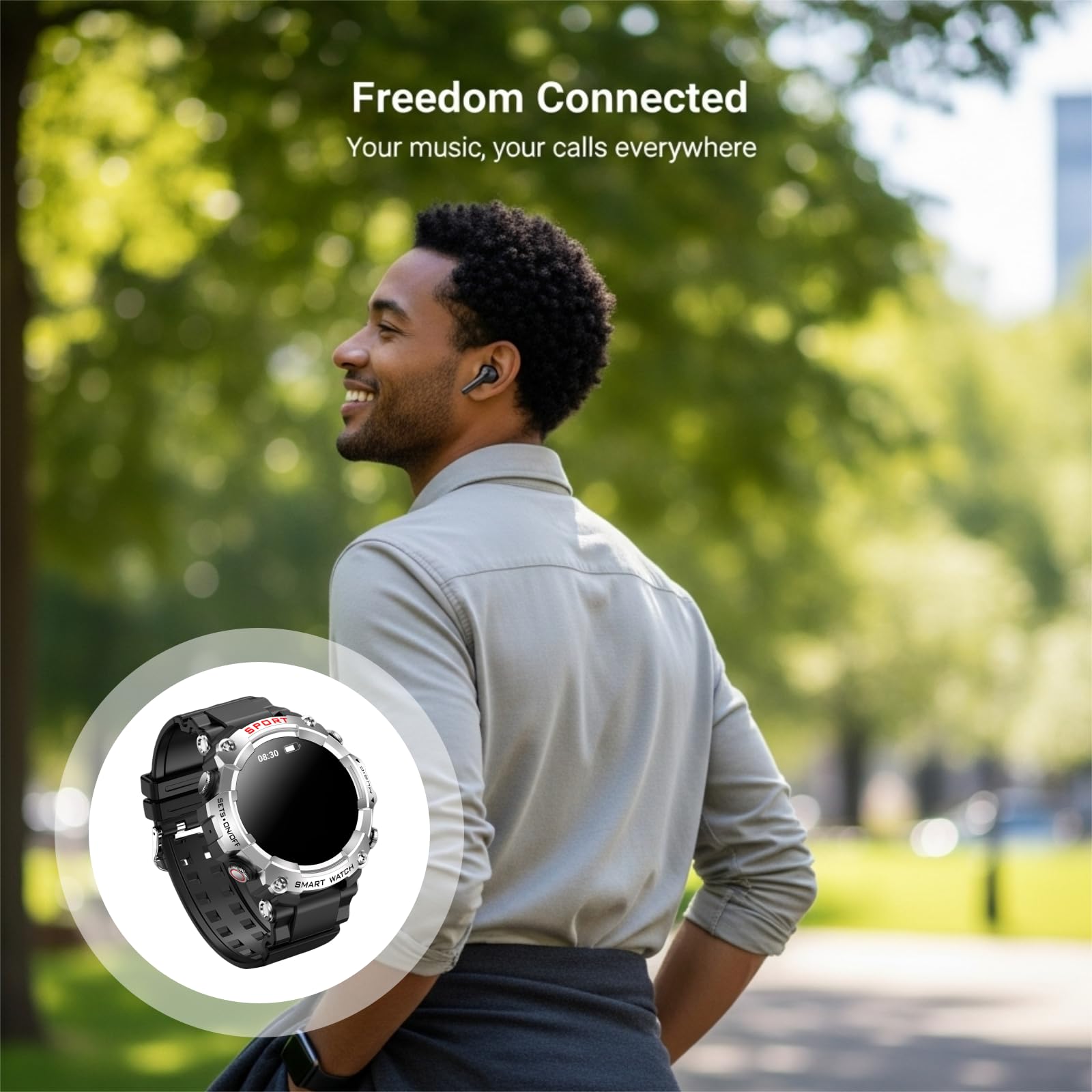 Orologio wireless 2 in 1 con auricolari, 3,86 cm, rotondo, orologio fitness da uomo, impermeabile IP67, orologio intelligente sportivo con musica locale, assistente vocale AI, rispondere alle