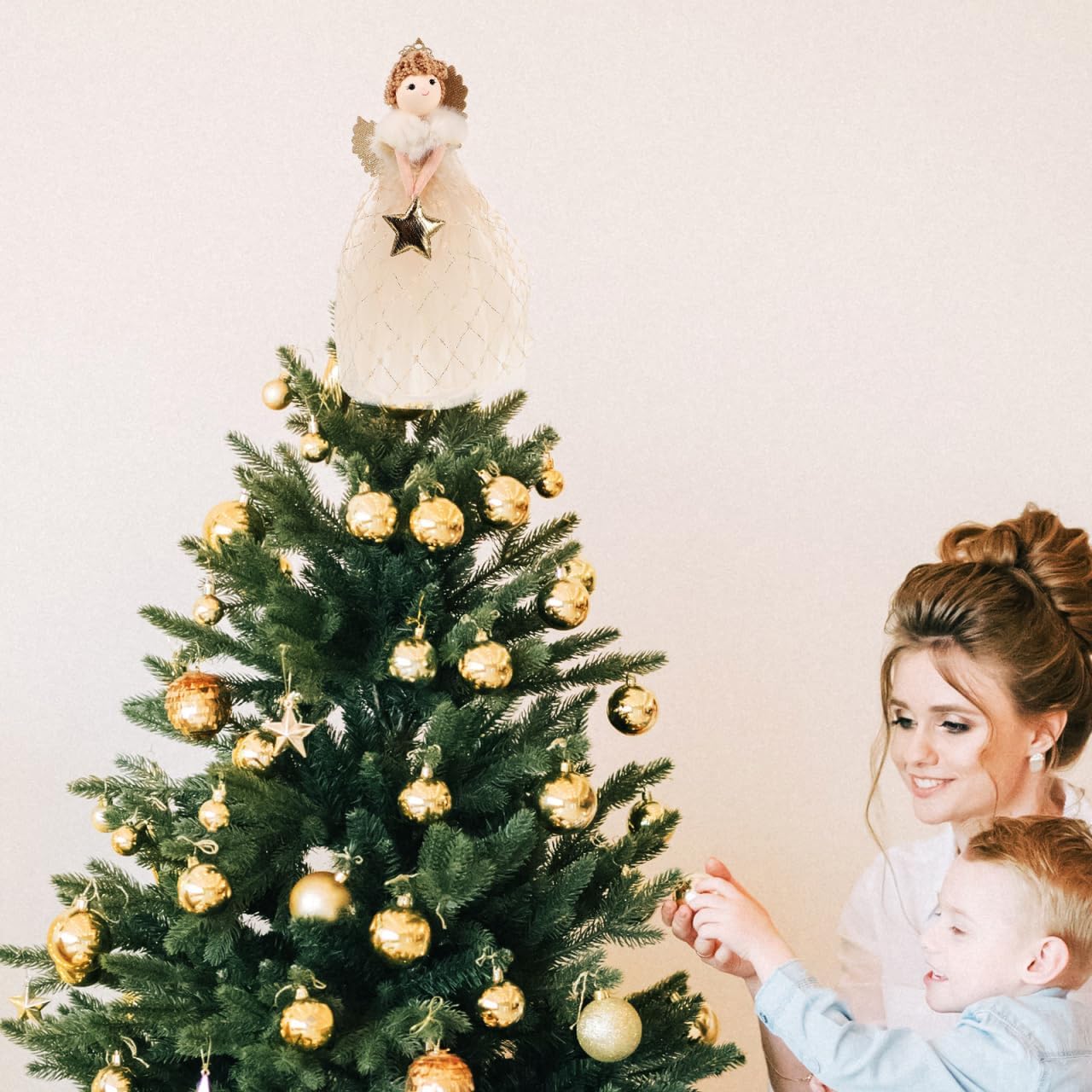 Christmas Tree Topper Angel Treetop Golden Star Tree Topper Angel Figure Ornament Angel Girl with Dress Wing Standing Tree Top Decoration for Holiday Party - Image 5