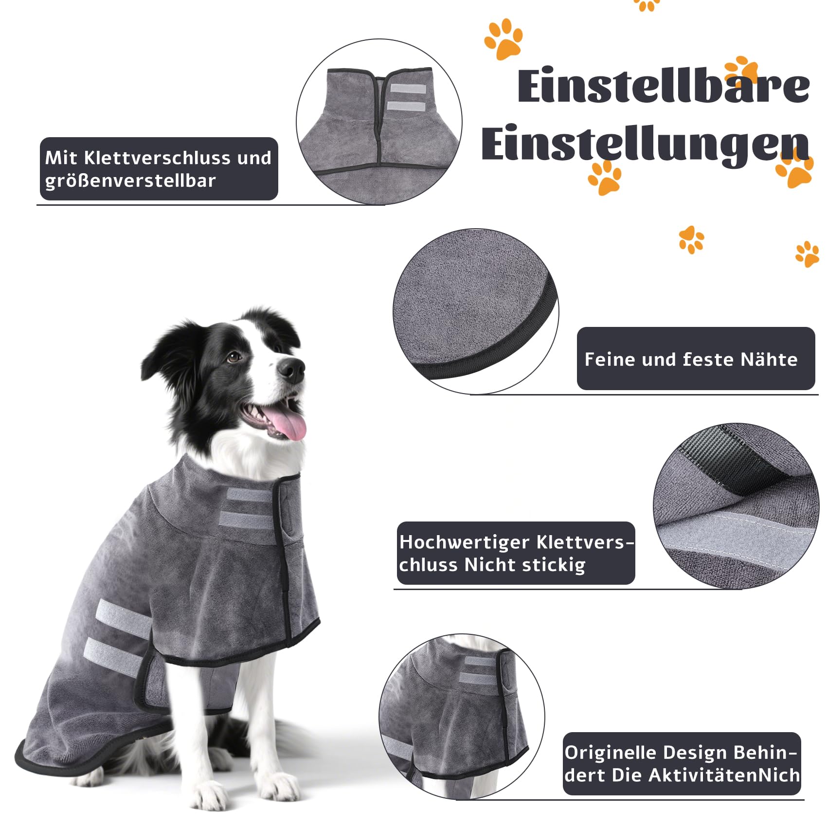Hundebademantel, Hunde Bademantel Mikrofaser Schnelltrockend, Hundehandtuch mit Klettverschluss und Verstellbarem Schrumpfband, super saugfähiger Haustier Trockenmantel(Große Hunde)