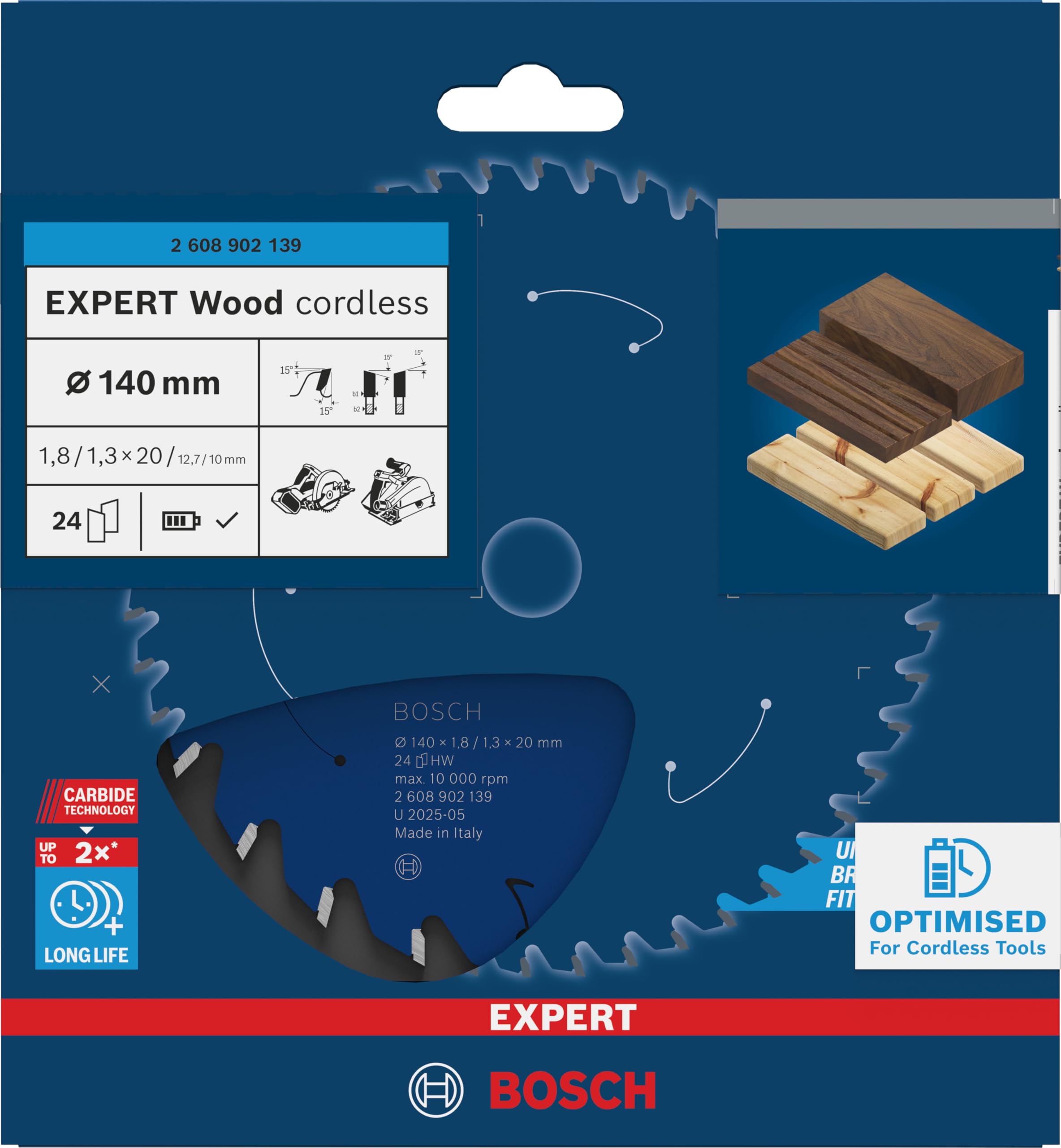 Bosch 1x Lama per sega circolare EXPERT Wood cordless per sega circolare portatile (per Legno tenero, Legno duro, Ø mm, Professional Accessorio Seghe circolari a batteria portatili)