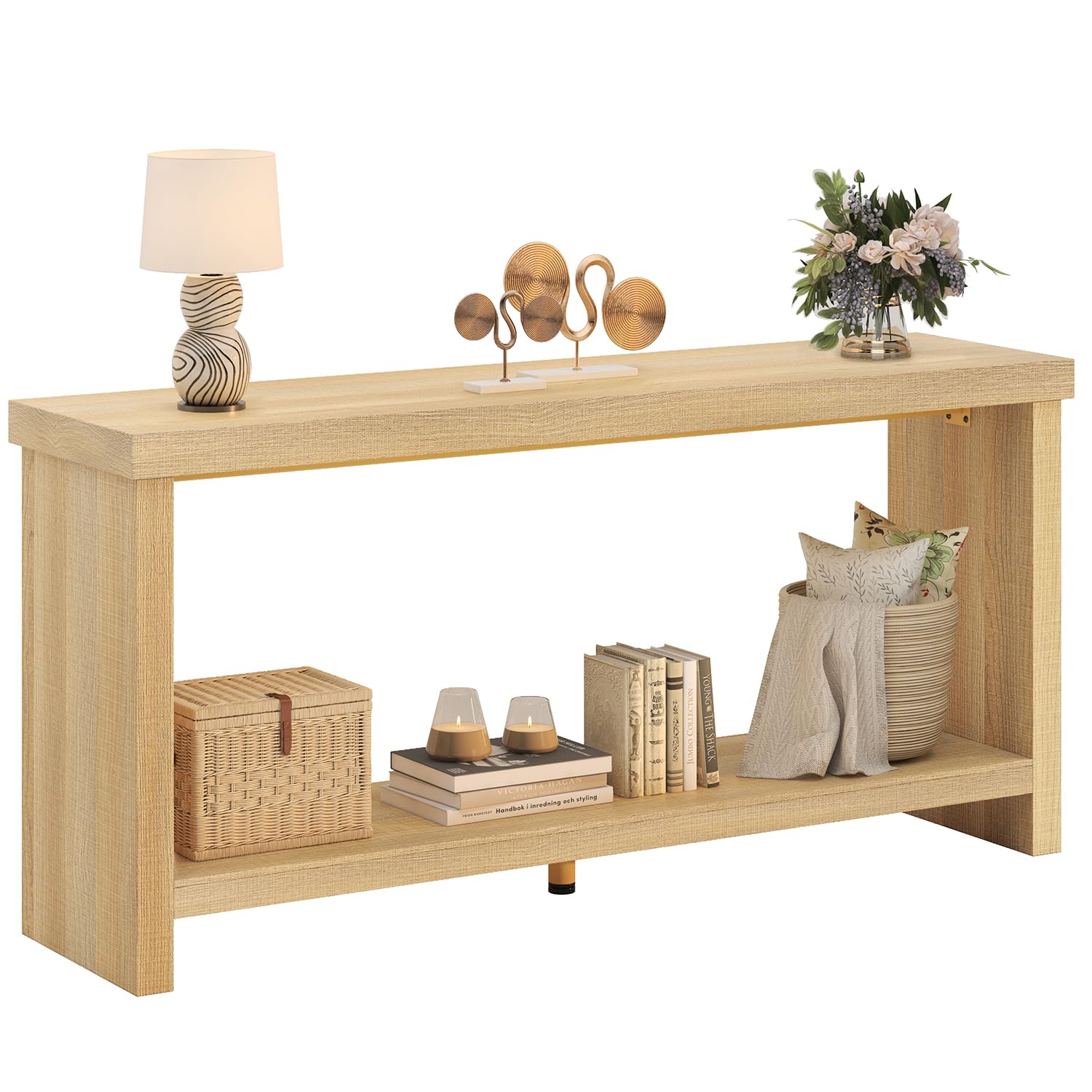 63 Inches Narrow Console Table, 2-Tier Long Sofa Tables Behind Couch Table, Farmhouse Foyer Tables for Entryway, Hallway, Living Room, Oak Natural