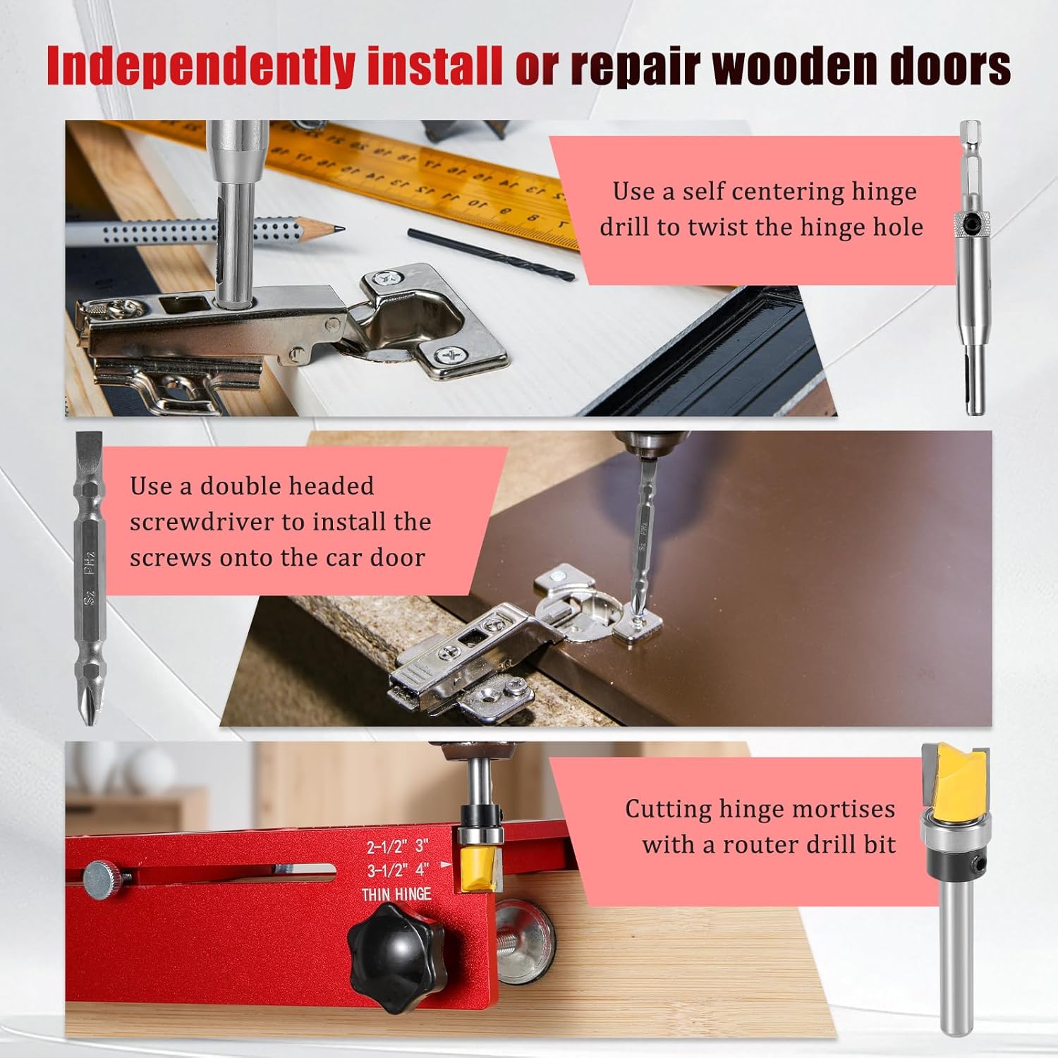 Door Hinge Jig, Aluminum Alloy Door Hinge Mortiser, Adjustable Router Template Kit Fits Door Hinges from 2.5" to 5" Length and Thicknesses, 1/4" Radius, 5/8" Radius and Square Corner Types