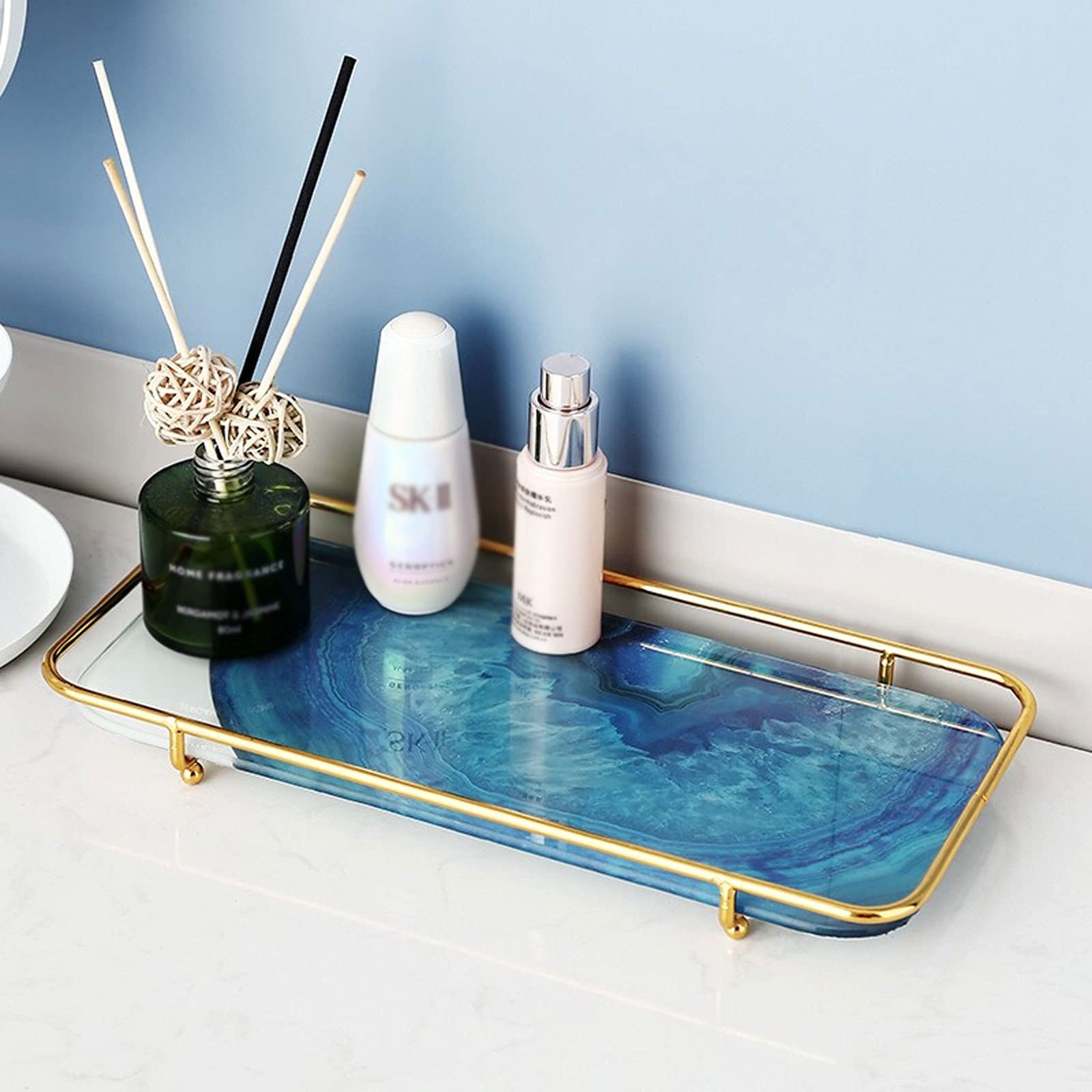 Serviertablett/Tabletts Gold Makeup Organizer Kosmetik Lagerung Badezimmer Organizer Countertop Display Eitelkeit Tray in der Kommode Edelstahl Regal Marmordruck Keramikfach Serviertabletts/Dekotablet