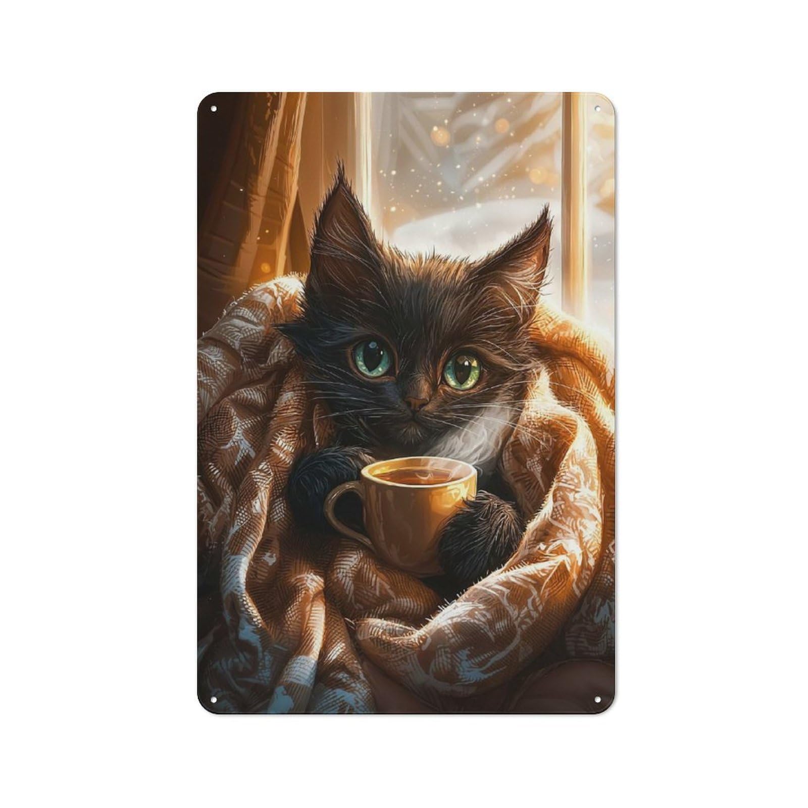 Junmoney Style-9 Metal Wall Sign 30X20cm Featuring Cozy Cat With Hot Drink For Café Or Home Bar, For Collectors Decorating Cafés And Home Bars