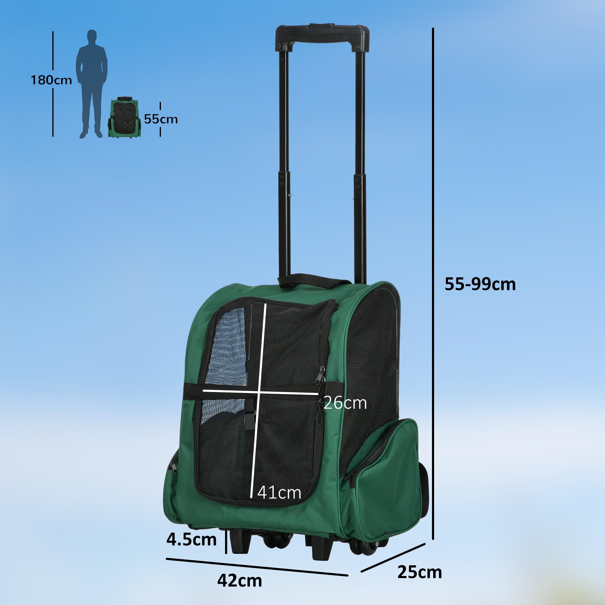 PawHut 2-in-1 Rucksackträger für Haustiere mit Rädern 42x25x55cm Grün