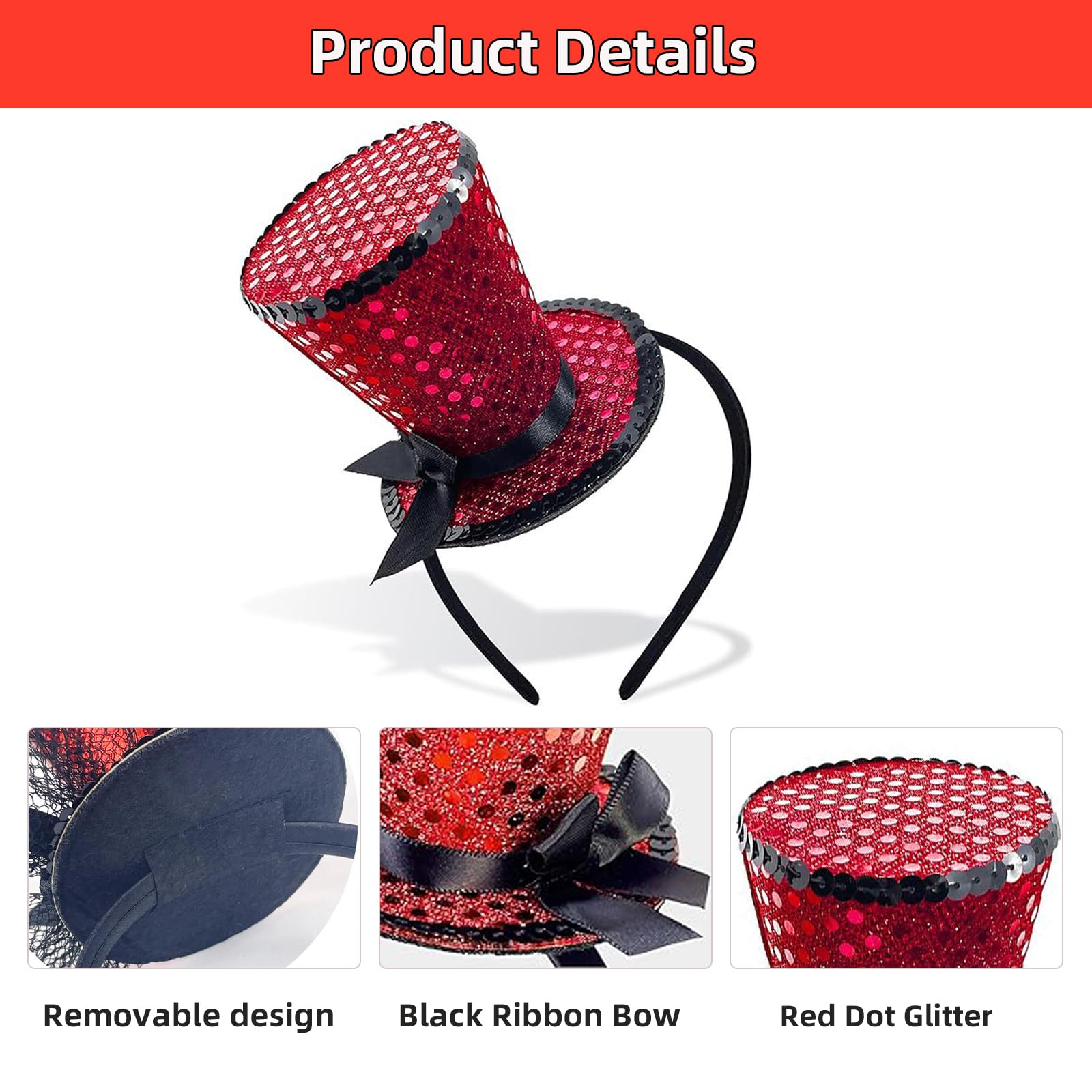 Myqiqi Mini Top Hat Headband, Sequins Tea Party Headpiece Fascinator for Women Lady Gril 1920s Gatsby Party Costume Accessory (Red) - Image 4