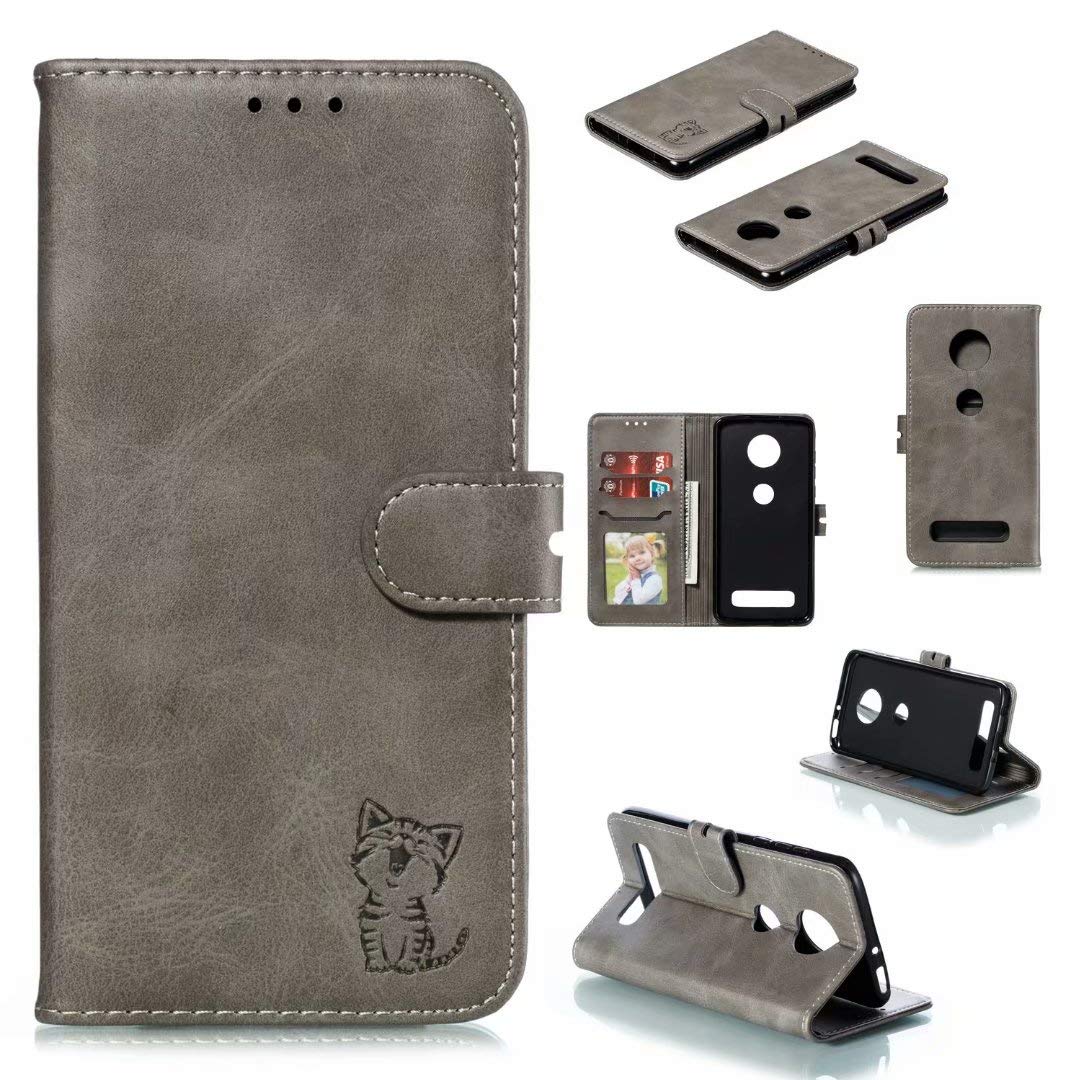 Smfu Case for Moto Z4 Wallet Case Folio Flip Leather Cover Bracket Function with Credit Cards Slot and Magnetic Closure Non-Slip Case(4 Card Pockets) with Screen Protector (Grey)