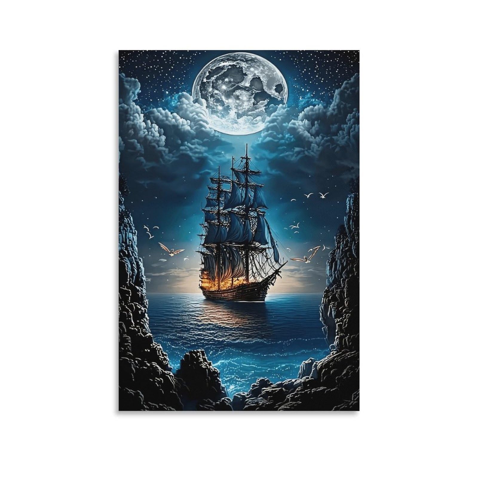XPASHIQWC Moonlit Ghost Ship Wall Decor Poster Ocean Canvas Prints Picture Modern Canvas Wall Art Picture Wall Hanging for Home Decorations 20x30inch(50x75cm)