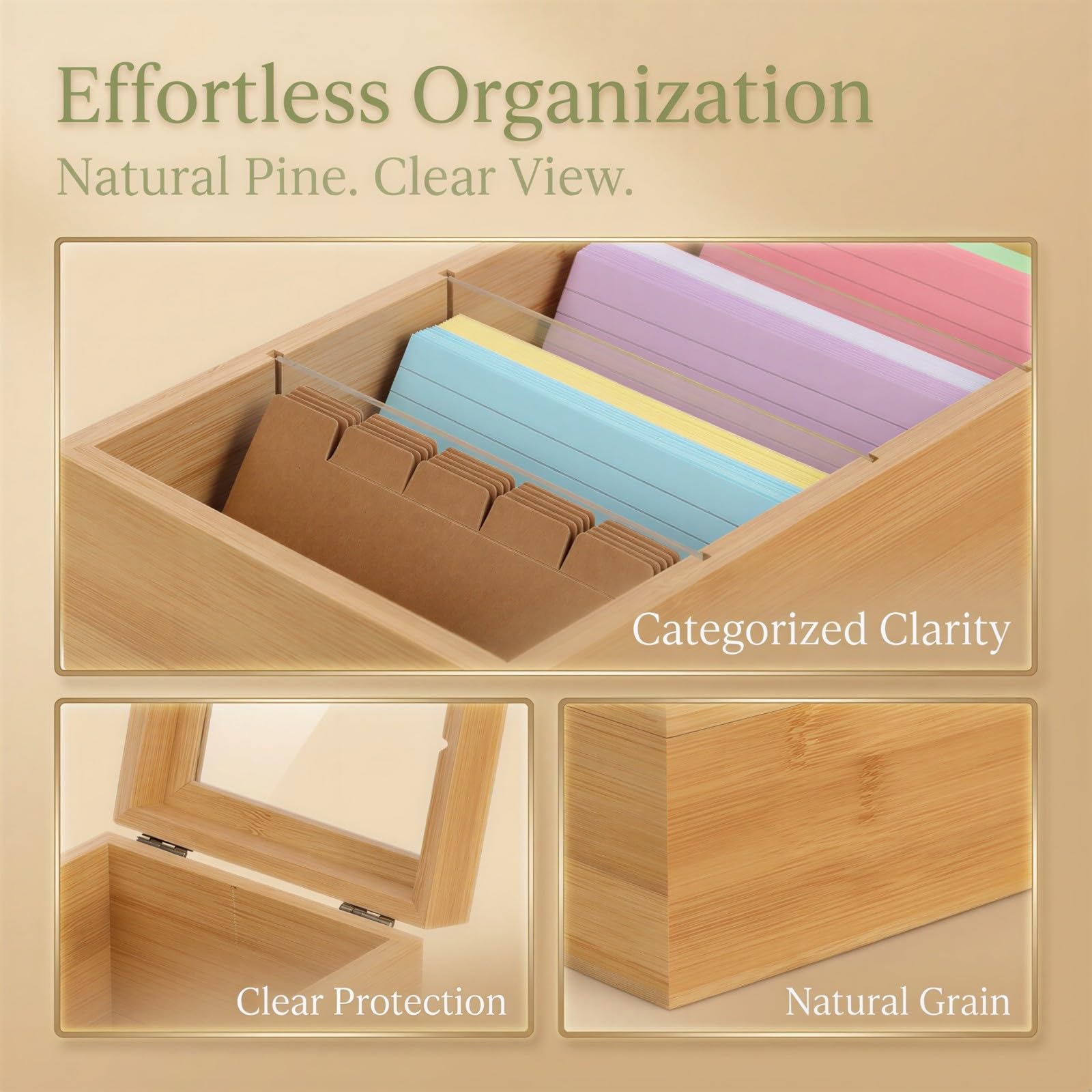 Boîte à fiches 3 x 5, boîte à recettes en pin 10 x 5,9 x 4 po avec séparateurs, organiseur de fiches avec couvercle basculant transparent, pour bureau, cartes nominatives, cartes mémo