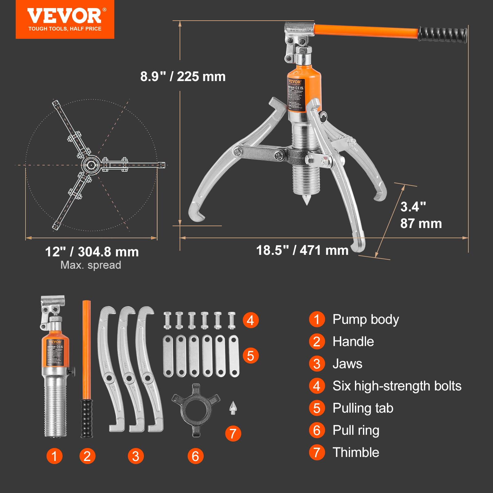 VEVOR Hydrauliczny ściągacz do przekładni, maks. nośność 15 ton, separator do ciągnięcia łożysk kół, ściągacz 2 lub 3 szczęk, pionowo i poziomo, hydrauliczny ściągacz szczękowy 30,5 cm z obudową do