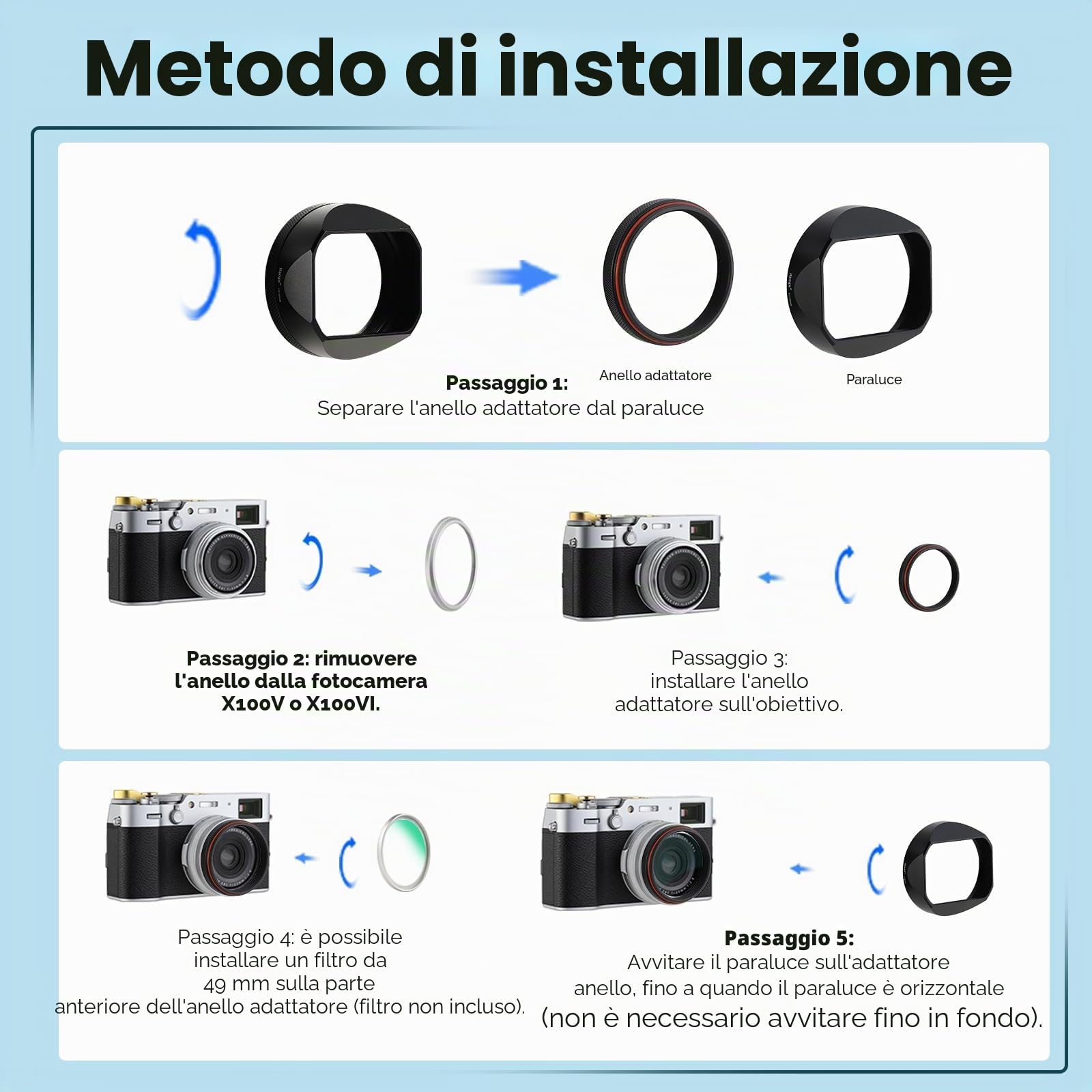Haoge LH-X54B - Paraluce quadrato in metallo con anello adattatore da 49 mm, per fotocamera Fujifilm Fuji X100V, colore: Nero