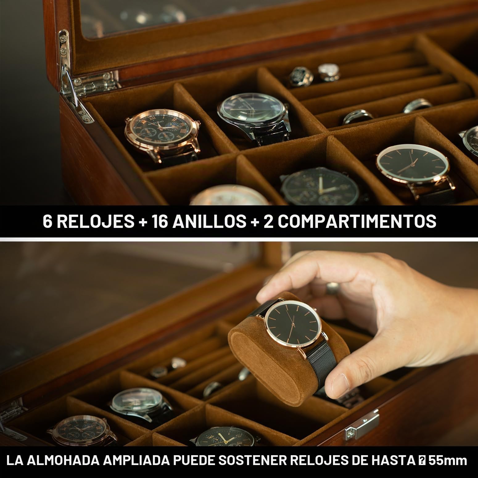 Slege Caja Relojes de Madera,con 6 Compartimentos,Joyero Organizador de Relojes,Caja de Reloj y Gafas de Sol,Expositor Gafas,Cubierta de Vidrio,para Anillo,Pendientes,Gemelos,Regalos Hombre y Mujer