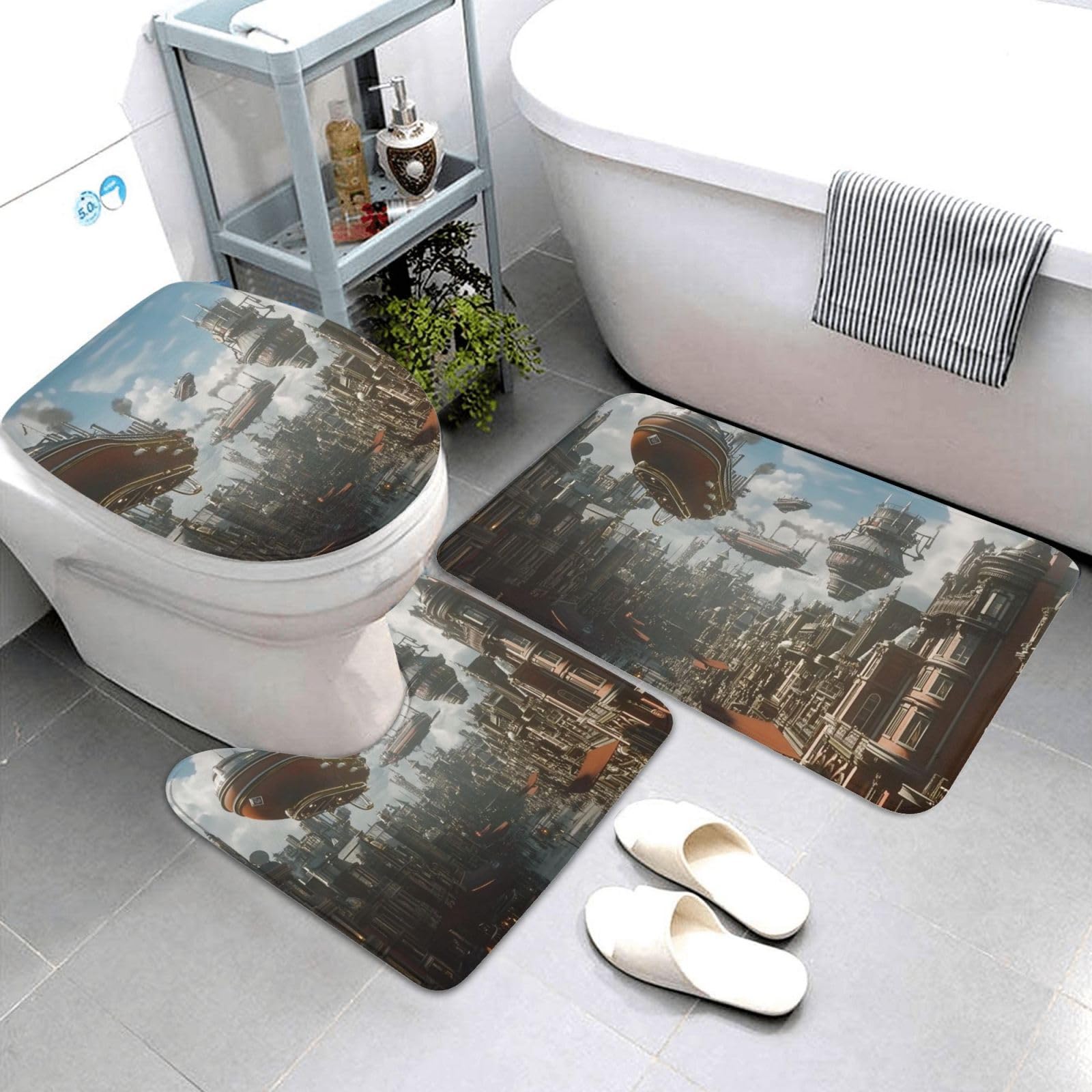 Steampunk Fantasy Ship - Juego de alfombras de baño de 3 piezas, tapetes de baño de espuma viscoelástica suave y absorbente y alfombra de inodoro en forma de U, decoración del hogar, secado rápido