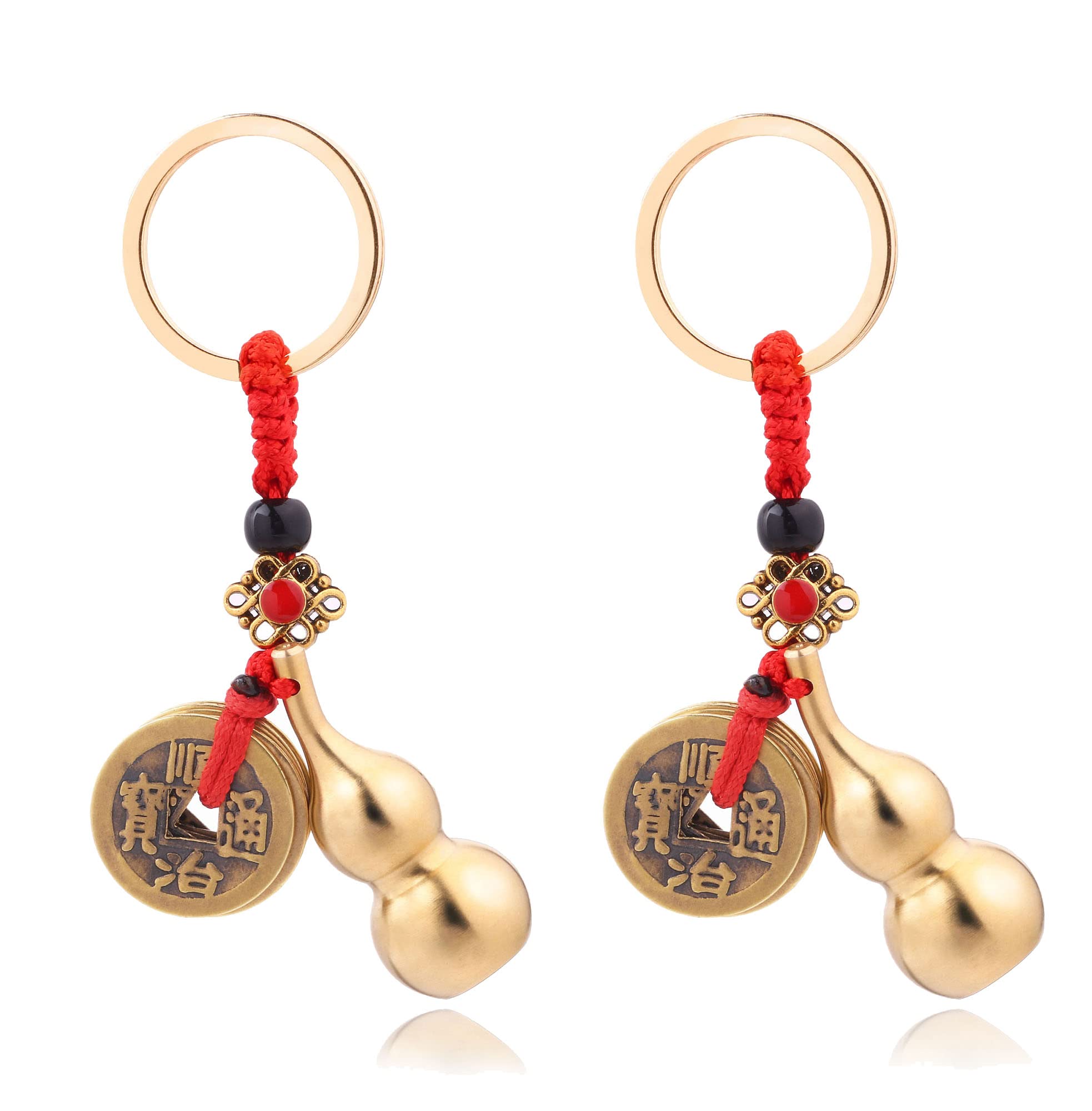 2pcs Wu Lou Key Chain Beautiful Gourd Keychain Lucky Keychain Set with Feng Shui Coins Solid Key Rings for Good Luck Prosperity Can Put a Lucky Note Inside Cute Keychain Quality Brass,