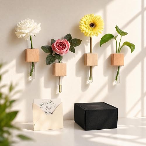 4-Piece Magnetic Wooden Vases - Magnetic Wood Blocks with Test Tubes for Refrigerator & Locker Decor | All-in-One Floral Gift Set with Greeting Card for Mom & Teachers (Oak)