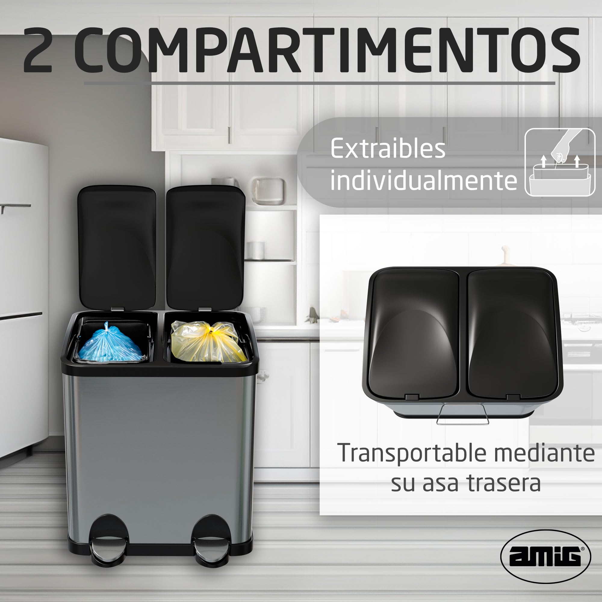 Amig - Cubo de Reciclaje Doble con Pedales Mod. RECIK2-30 Litros: 2 Compartimentos de 15 L - 48 x 32 x 40 cm - Acero Inoxidable - Plateado - Cubo de Basura Antihuellas para Cocina - Diseño Moderno