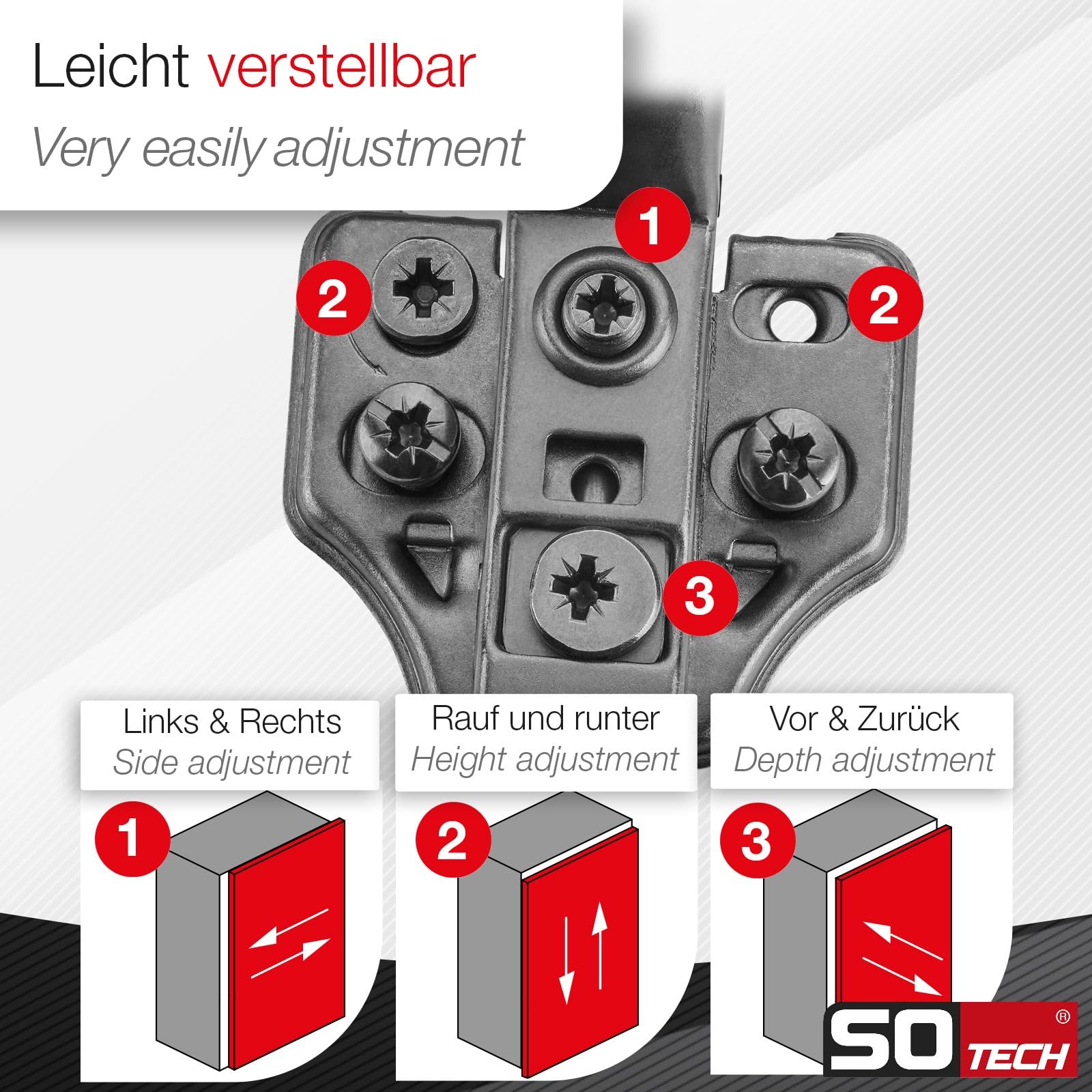 SOTECH juego de 10 bisagras de embutir T45, cierre central, fijación con tornillos y tacos, negro, amortiguación de 105°