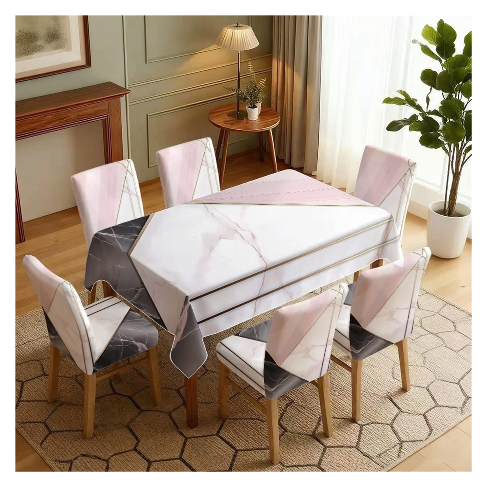BOSUYBN Pink Grey Marble Geometric Printed Dining Tablecloth & Chair Covers Set, 5/7 Piece Modern Minimalist Luxury Home Decor Table Setting(7pcs Set: Tablecloth+Chair Covers)