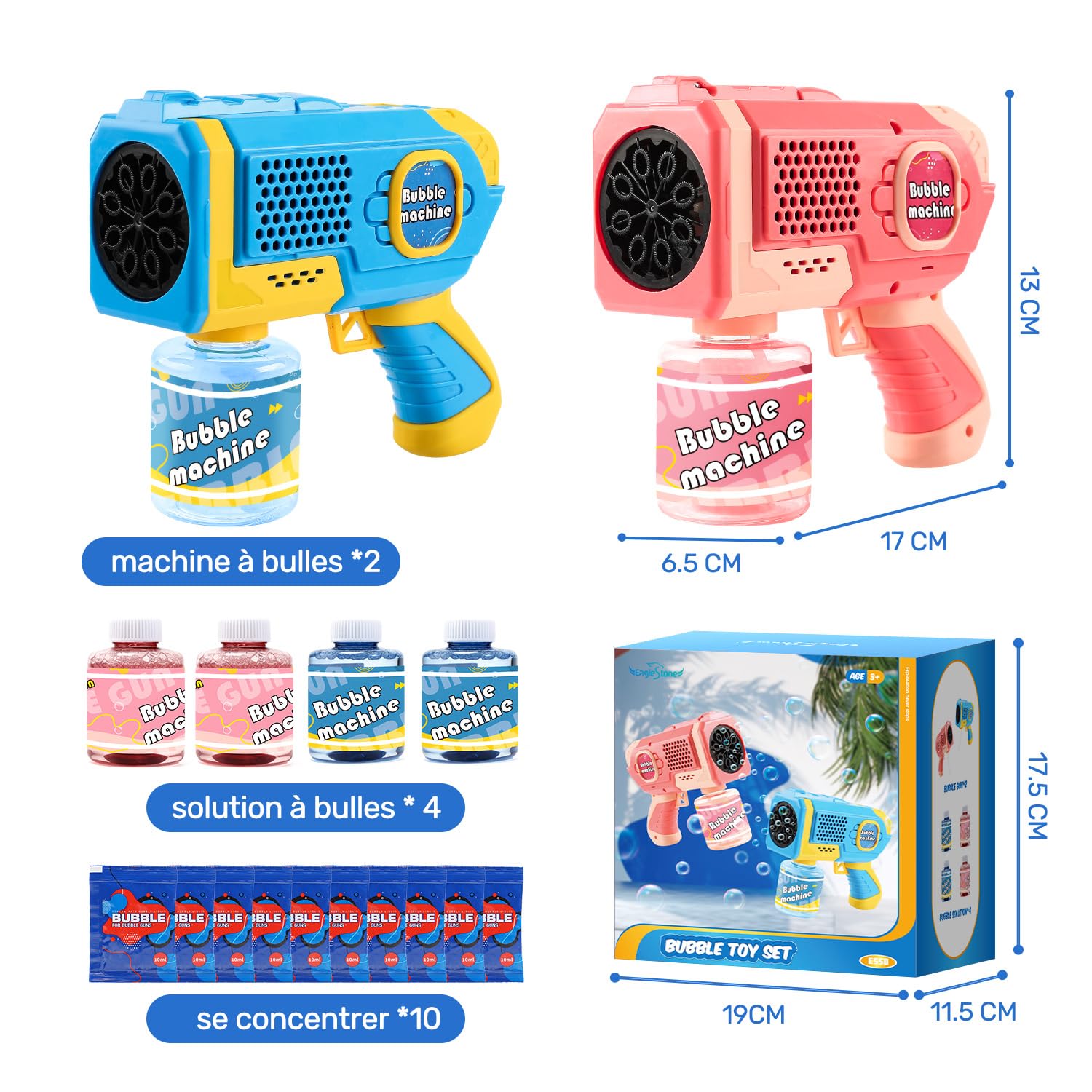 EagleStone 2 Pistolets à Bulles LED pour Enfants, Machine à Bulles Automatique avec 4 Bouteilles 10 Sachets de Solution，Jouets d'extérieur, Cadeaux de Mariage et de fête de Pâques