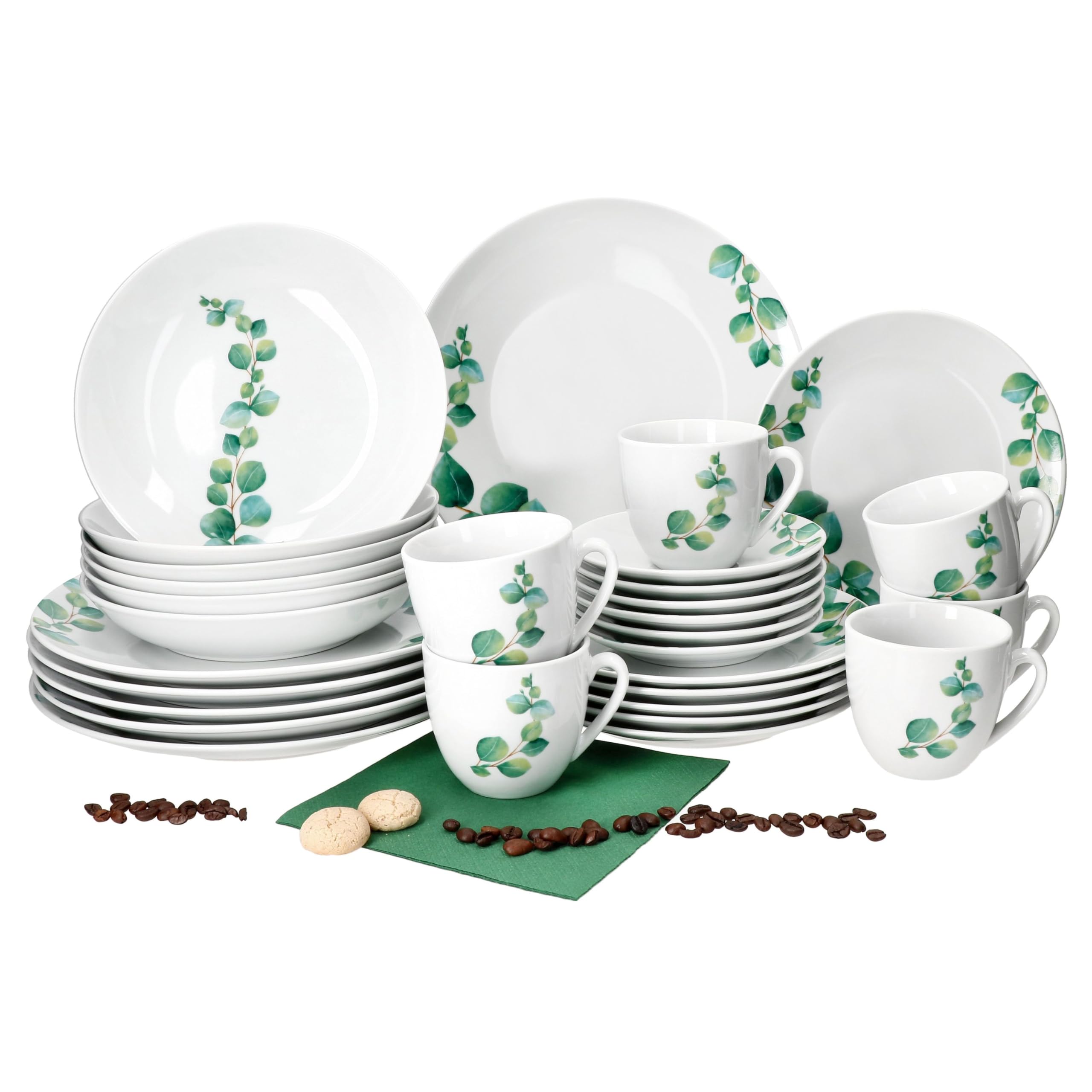 MamboCat Service combiné eucalyptus 30 pièces I Service de table en porcelaine blanche avec décor végétal vert pour 6 personnes I 6 tasses à café 180 ml, soucoupes, assiettes à gâteau, assiettes