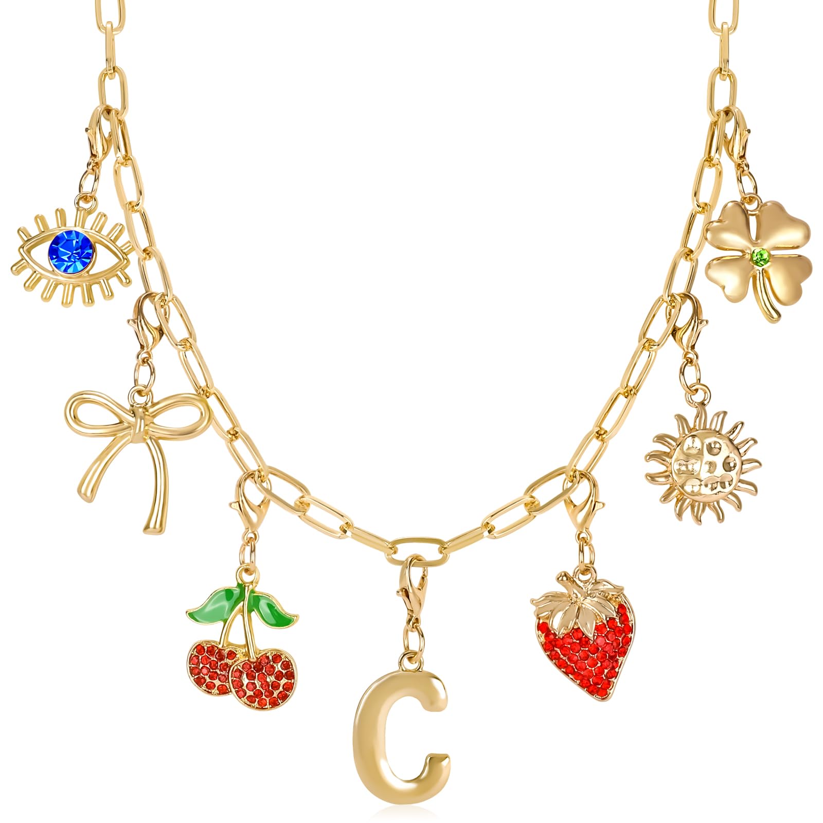 Initial Charm Necklace for Women, Evil Eye Four-Leaf Clover Sun Bow Cherry Strawberry Removable Charms Necklace Paper Clip Chain Choker, Trendy