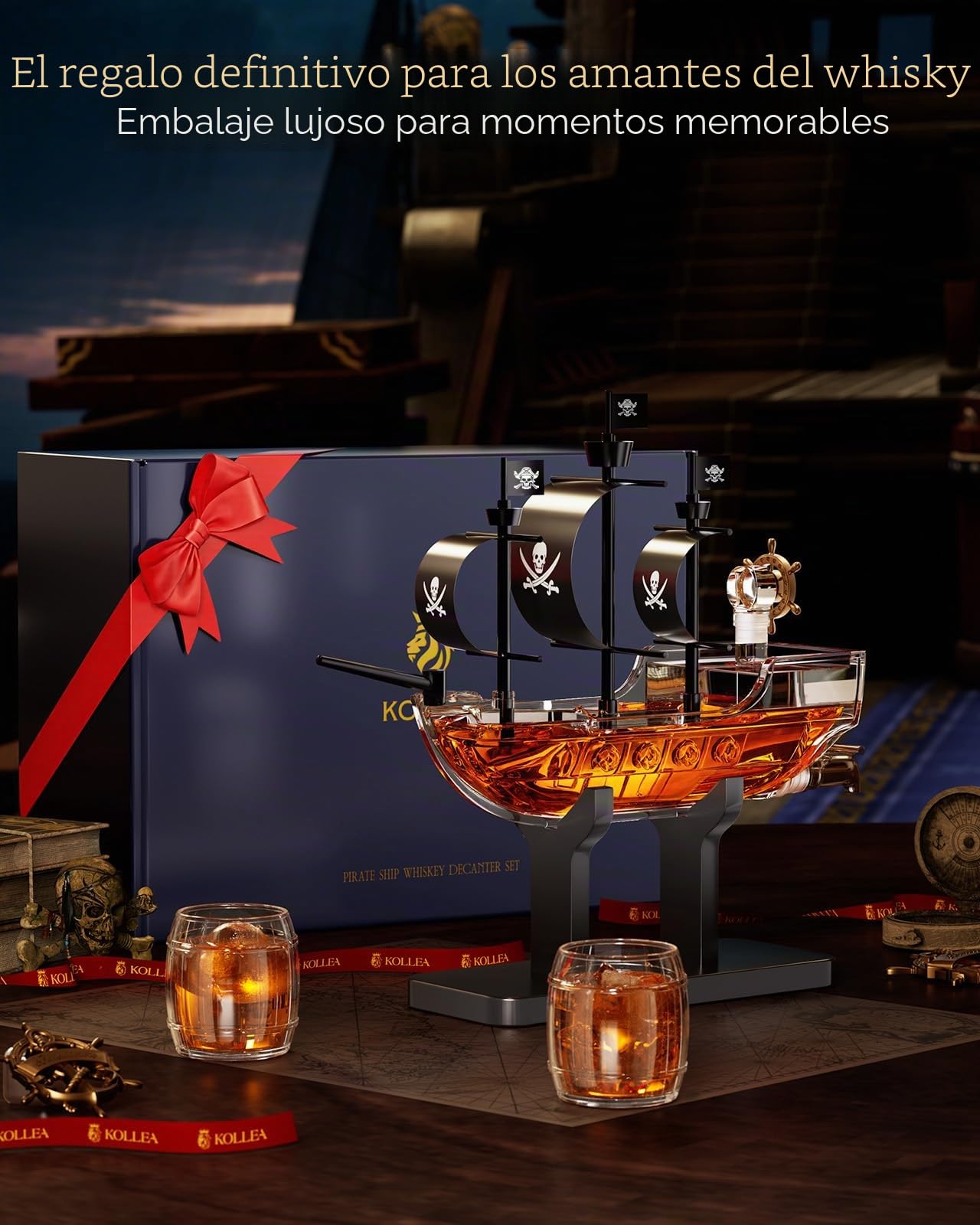 Kollea Regalos de cumpleaños para hombres papá, decantador de whisky con barco pirata, juego de 2 vasos, dispensador de licores para el bar en casa, ideas de regalo divertidas para él, novio