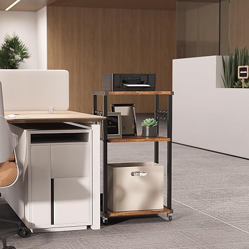 Miniatura 4 de YMYNY UHPT002H - Soporte para impresora móvil, carrito de impresora de 3 niveles con estante de almacenamiento ajustable y 6 ganchos en S, mesa de