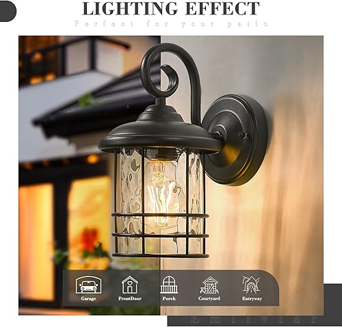 Miniatura 9 de Emliviar Paquete de 2 faroles de pared para exteriores 1 luz lámpara de pared exterior en acabado negro con vidrio semillado transparente paquete