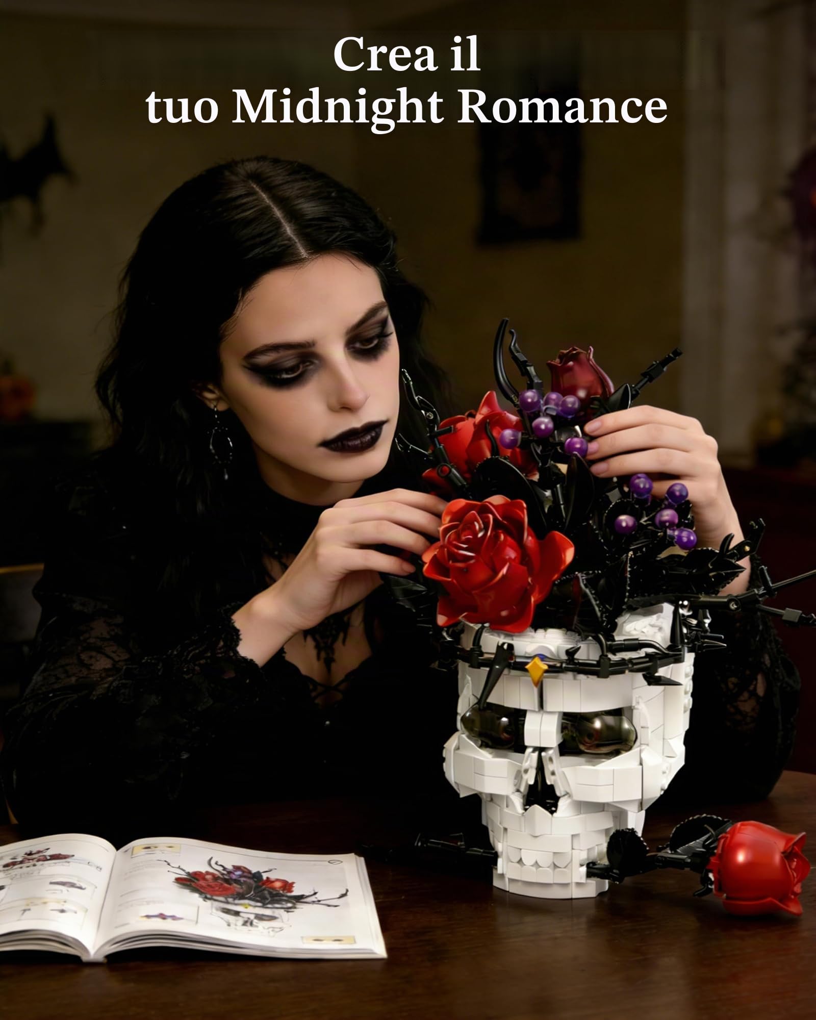 Set di Costruzione Teschio Gotico con Rosa in Bocca – Decorazione Estetica per Adulti, Centrotavola Dark Academia, Compatibile con Fiori Lego e Set Horror, San Valentino e Halloween