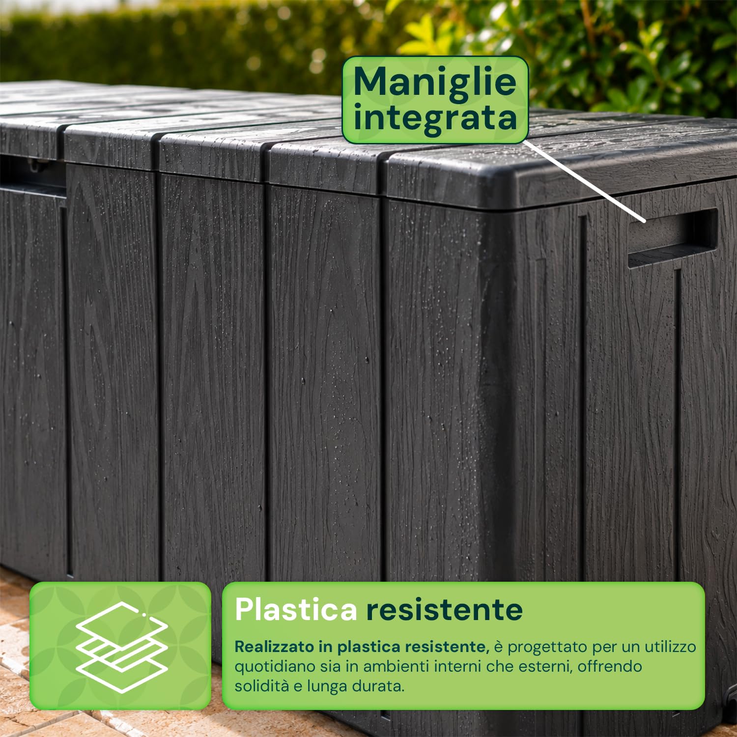 Baule Multiuso da Esterno e Interno 270 Litri in Resina Effetto Legno — Cassapanca Contenitore con Seduta, Antracite, per Giardino, Terrazzo e Casa
